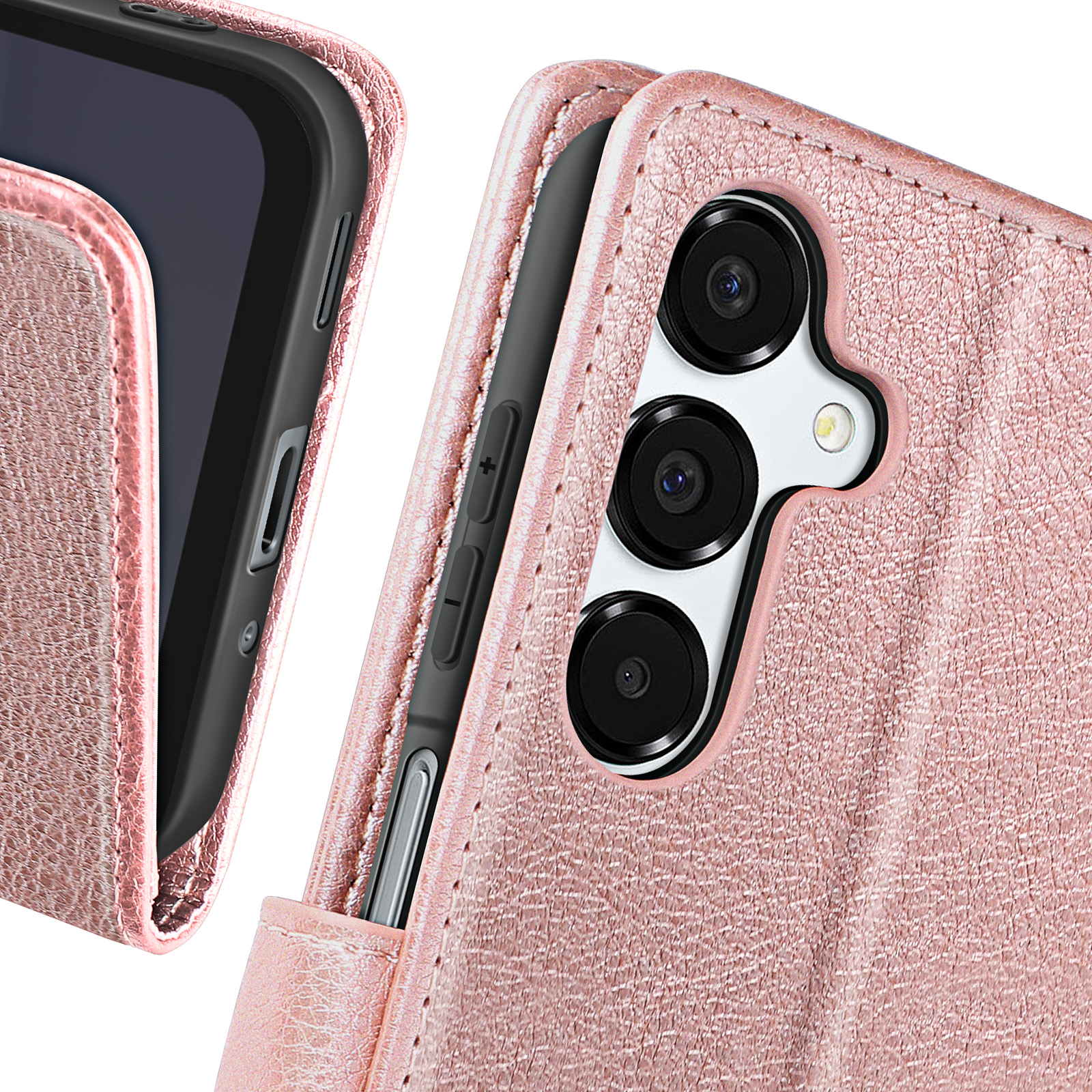 Custodia per telefono rosa con texture in pelle, che mostra la fotocamera e i pulsanti del telefono.