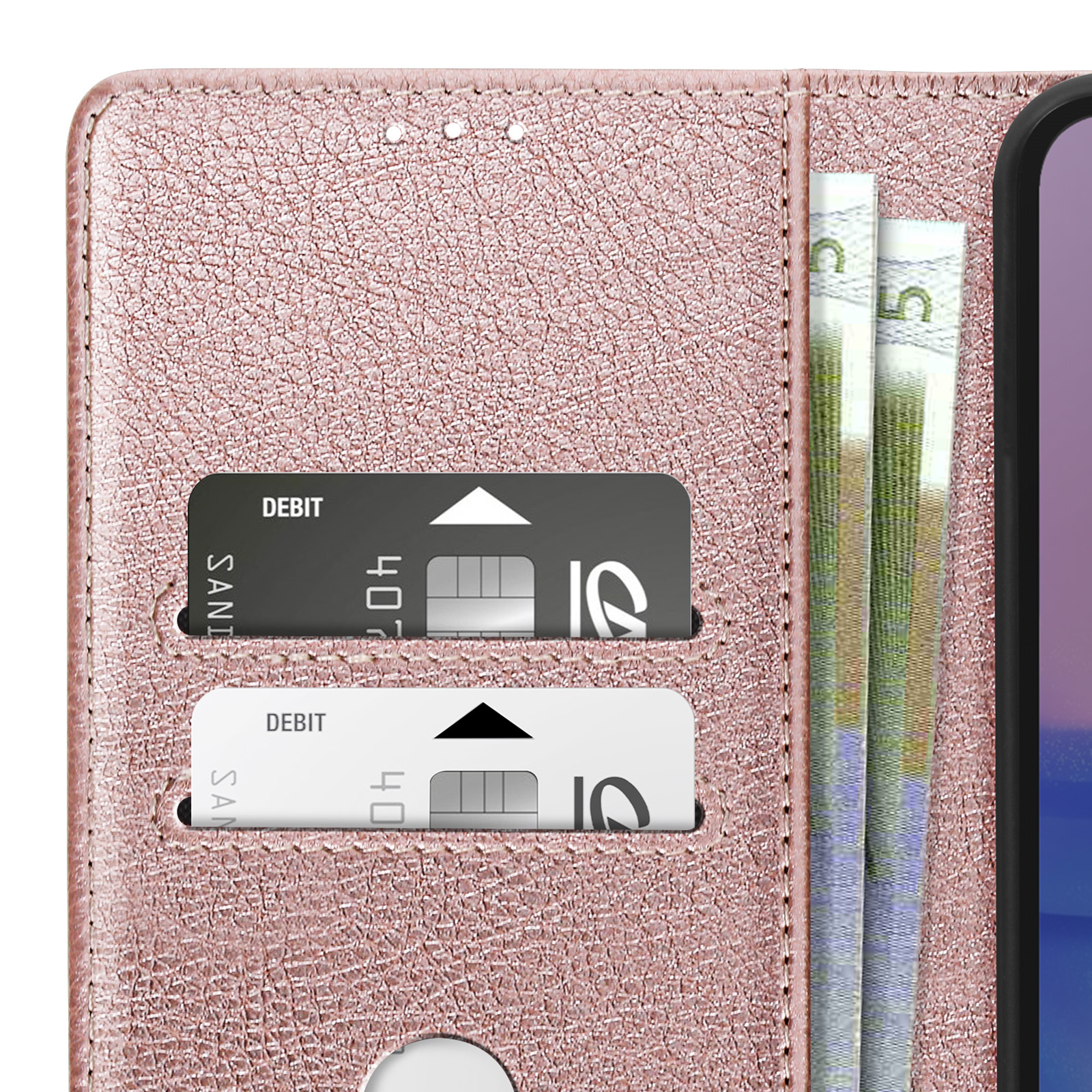 Portafoglio oro rosa, aperto, con due carte di debito e due banconote da euro.