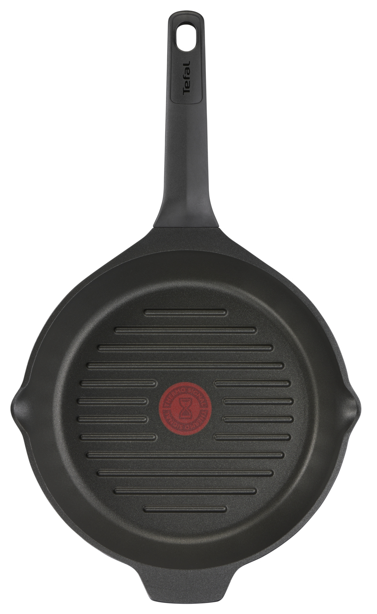 Eine schwarze Bratpfanne mit Griff und Markenlogo.