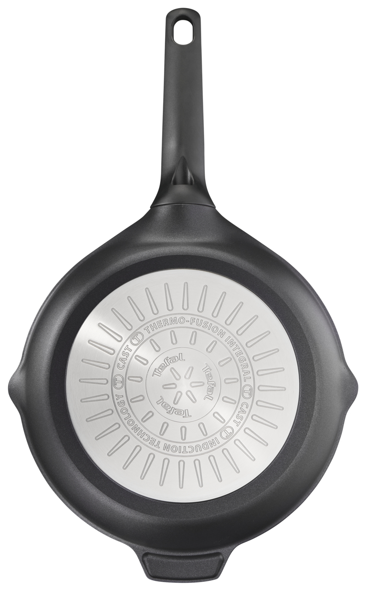 Schwarze Bratpfanne mit silbernem Boden. Der Boden der Pfanne hat das Markenlogo.