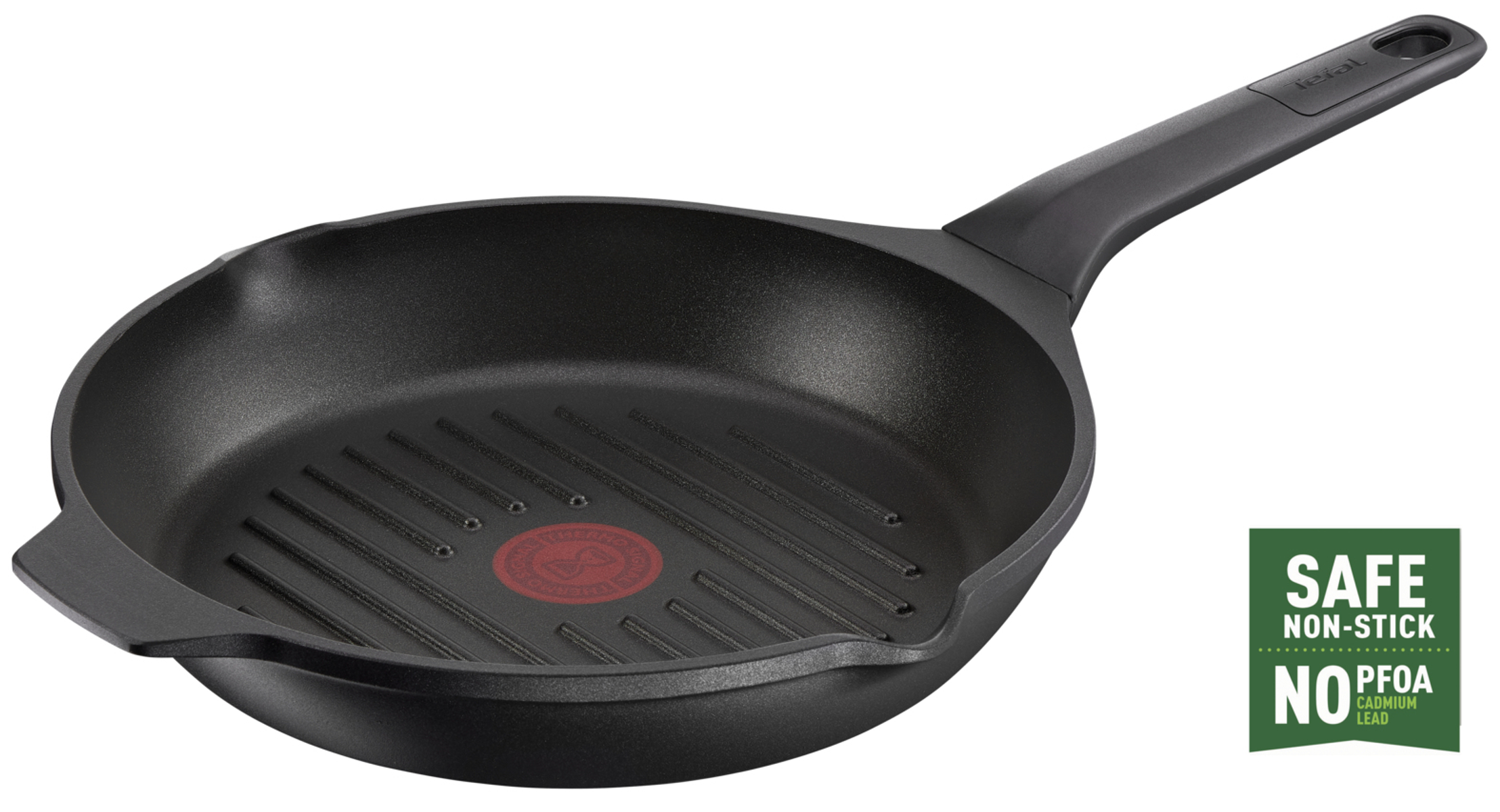 Schwarze Antihaft-Grillpfanne mit Rillen und rotem Logo. Text: sicher, antihaft, kein PFOA, Cadmium oder Blei.