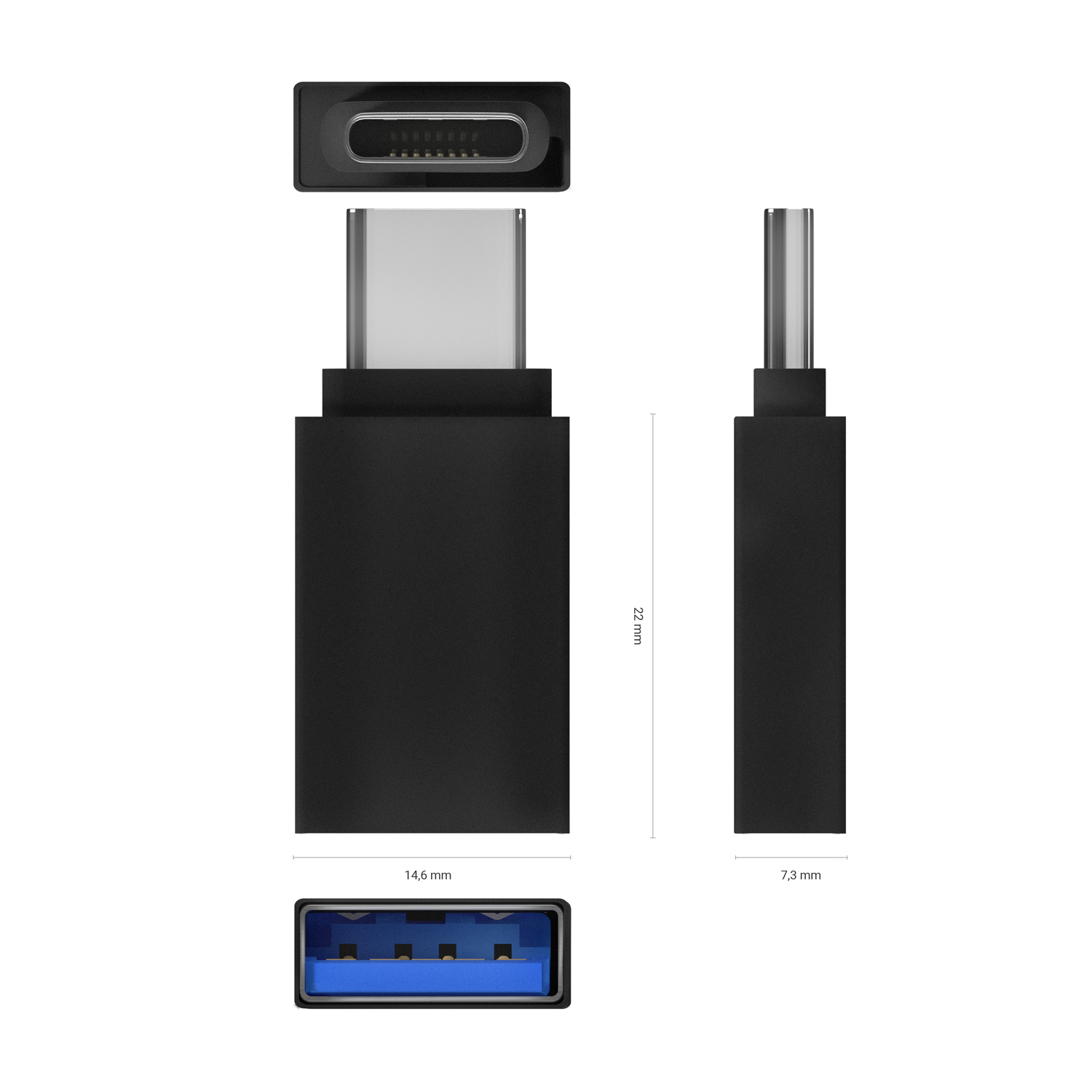 Un adattatore USB-C nero con dimensioni e un connettore USB 3.0.