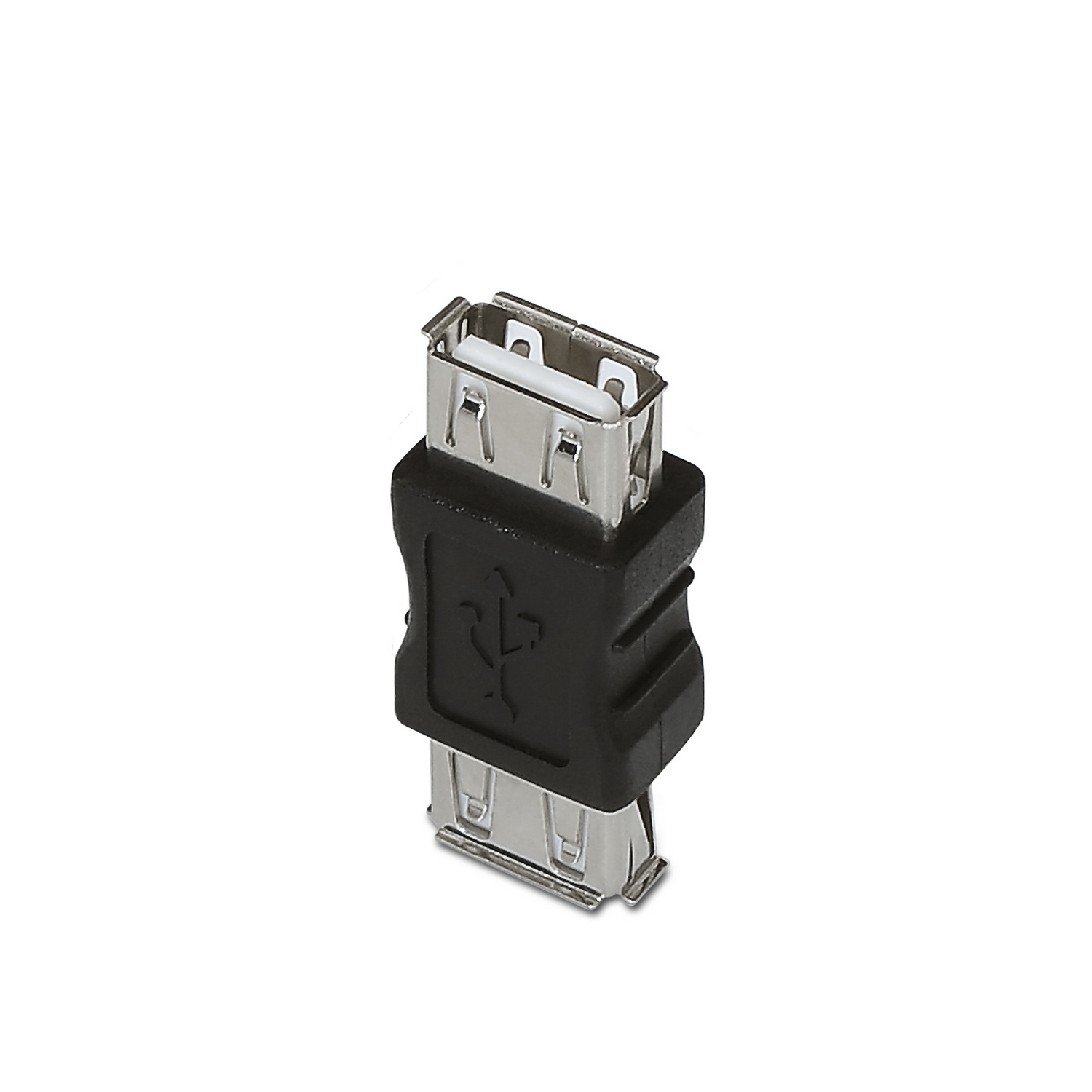 Un adattatore USB nero con due porte USB femmina. L'adattatore è su sfondo bianco.