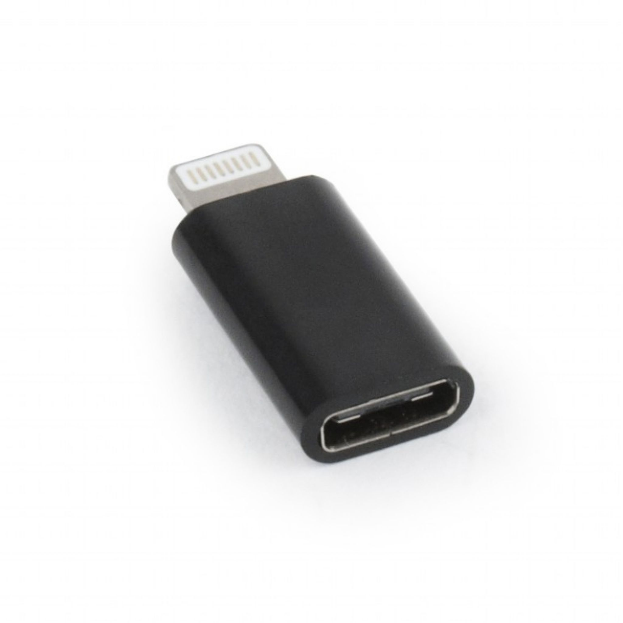 Czarny adapter z złączem Lightning po lewej i USB-C po prawej.