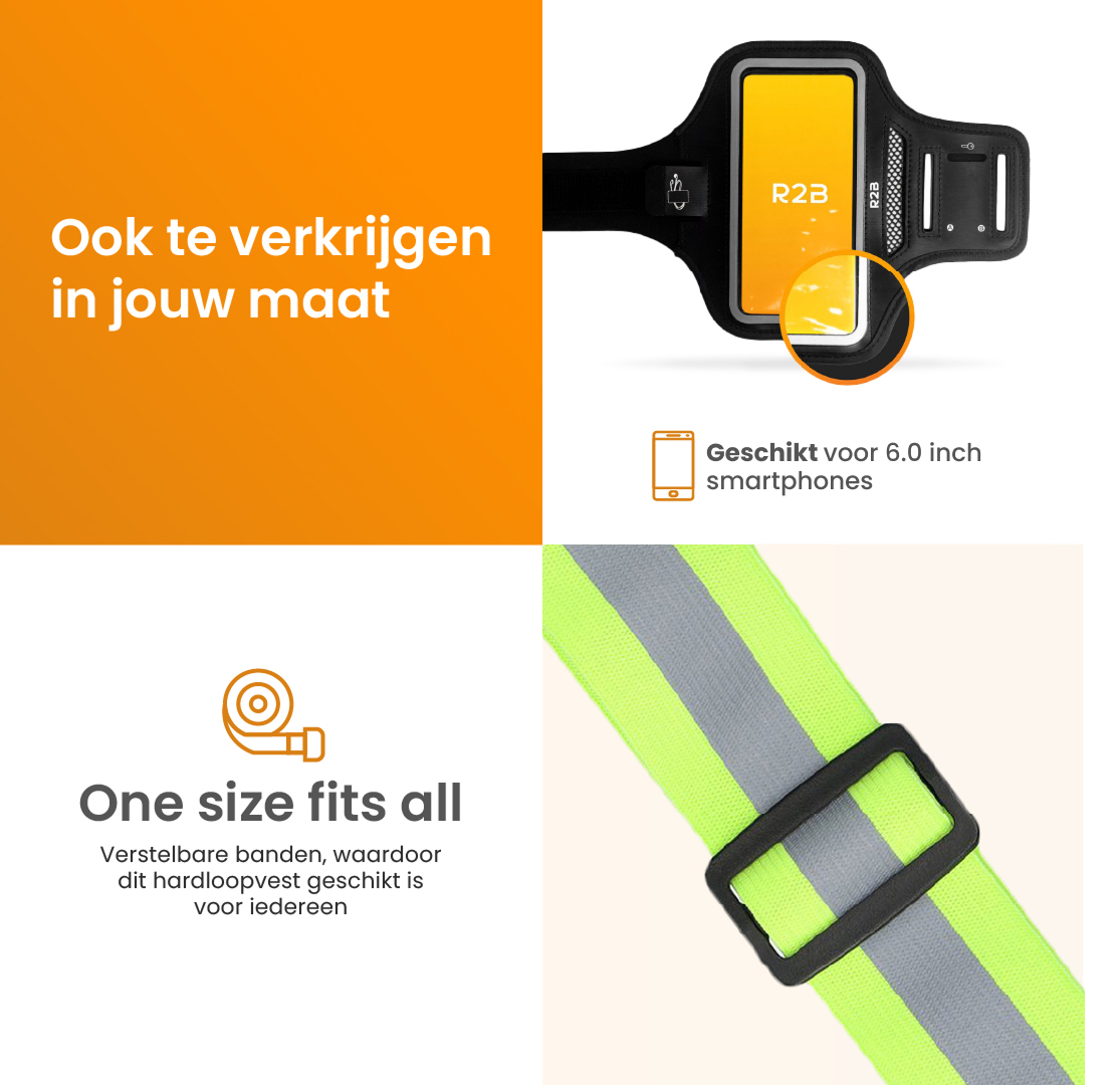 Armband mit Telefon und reflektierendem Riemen mit Text und reflektierendem Riemen.