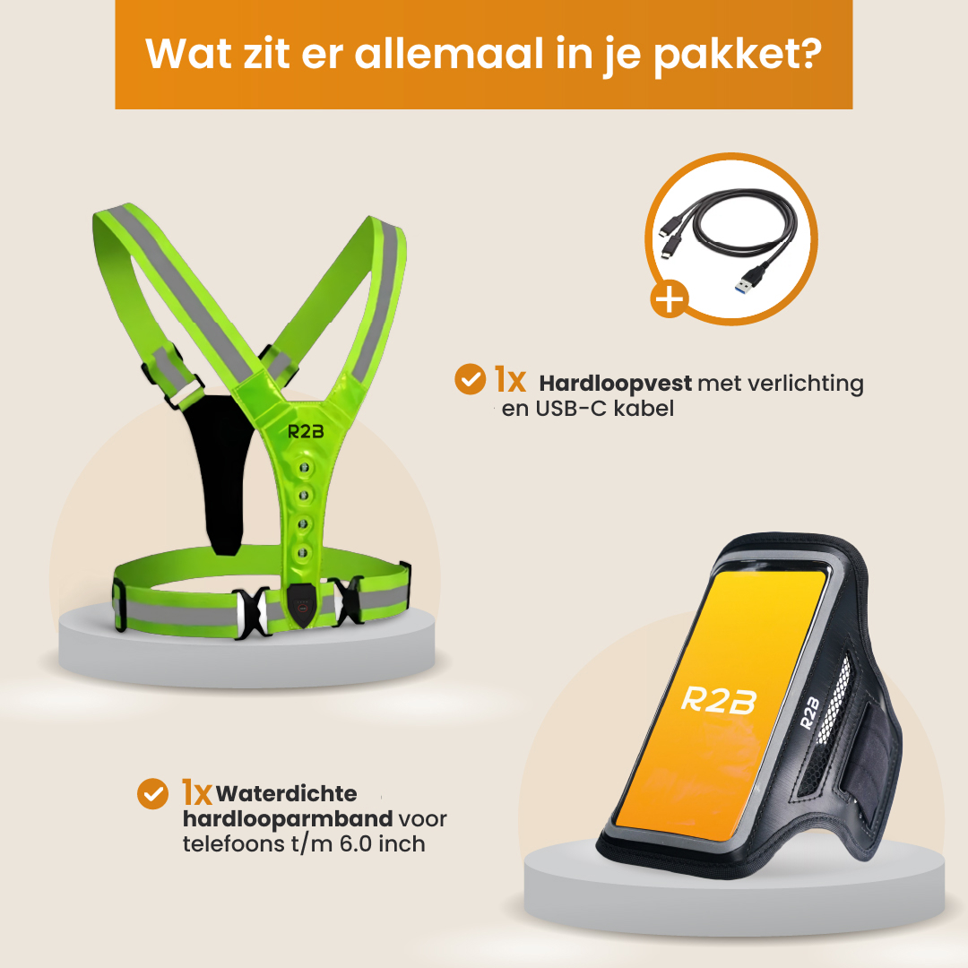 Eine grüne Laufweste, USB-Kabel und Armband für Telefone. Alles auf weißem Hintergrund.