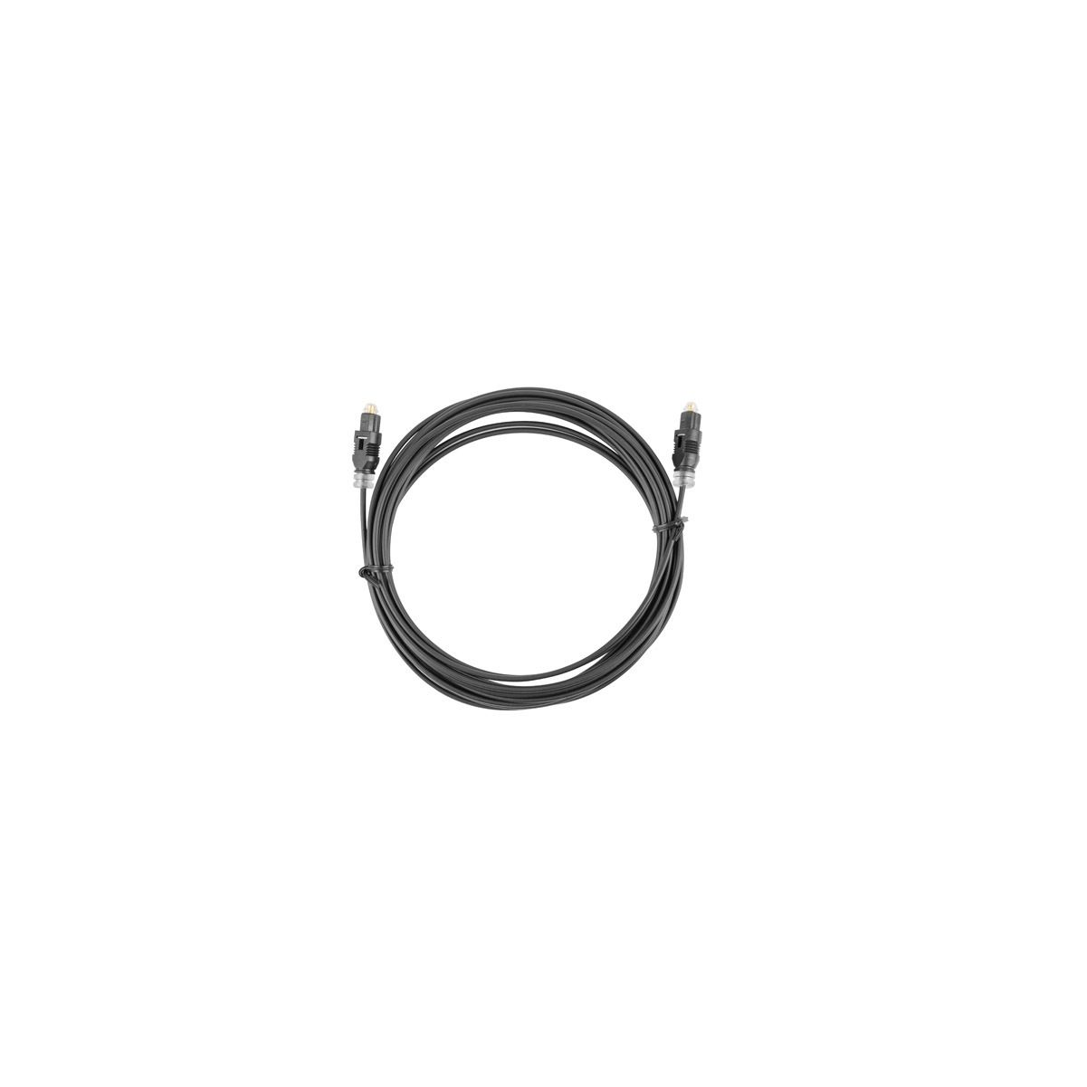 Czarny kabel światłowodowy zwinięty na białym tle. Kabel ma złącza na obu końcach.