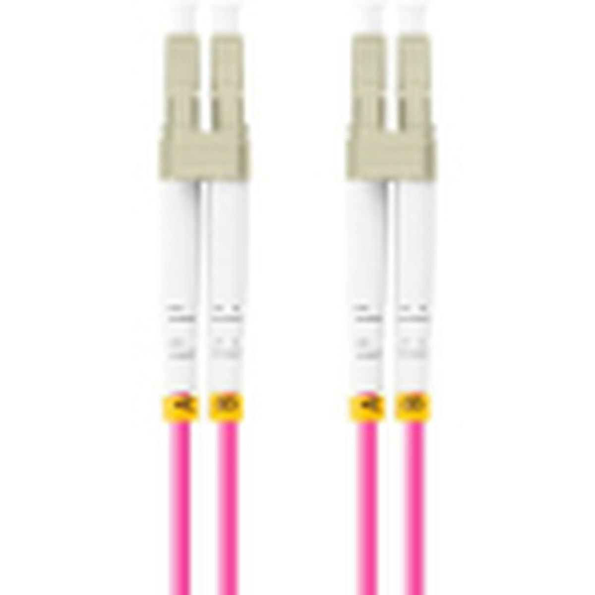 Due cavi in fibra ottica con connettori beige e cavi rosa, su sfondo bianco.