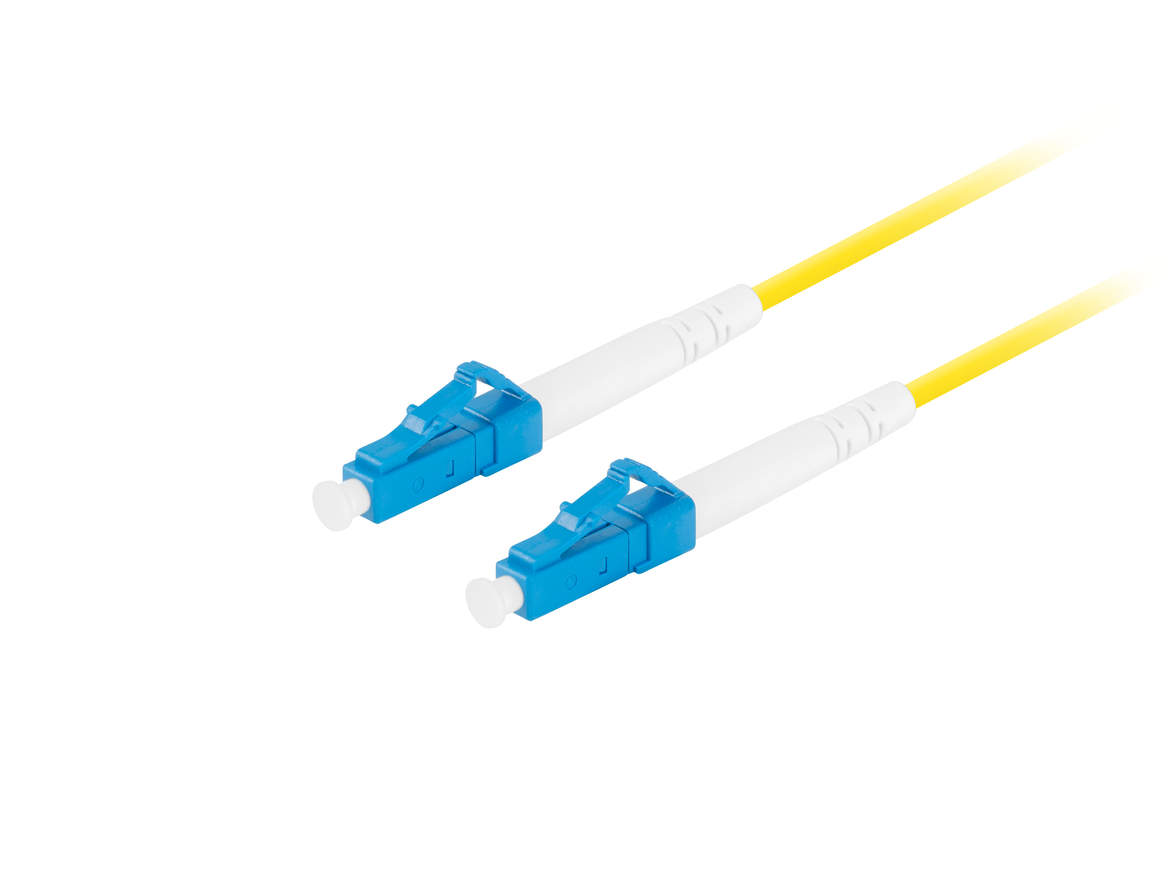 Deux câbles à fibre optique jaunes avec connecteurs bleus, extrémités blanches, sur fond blanc.