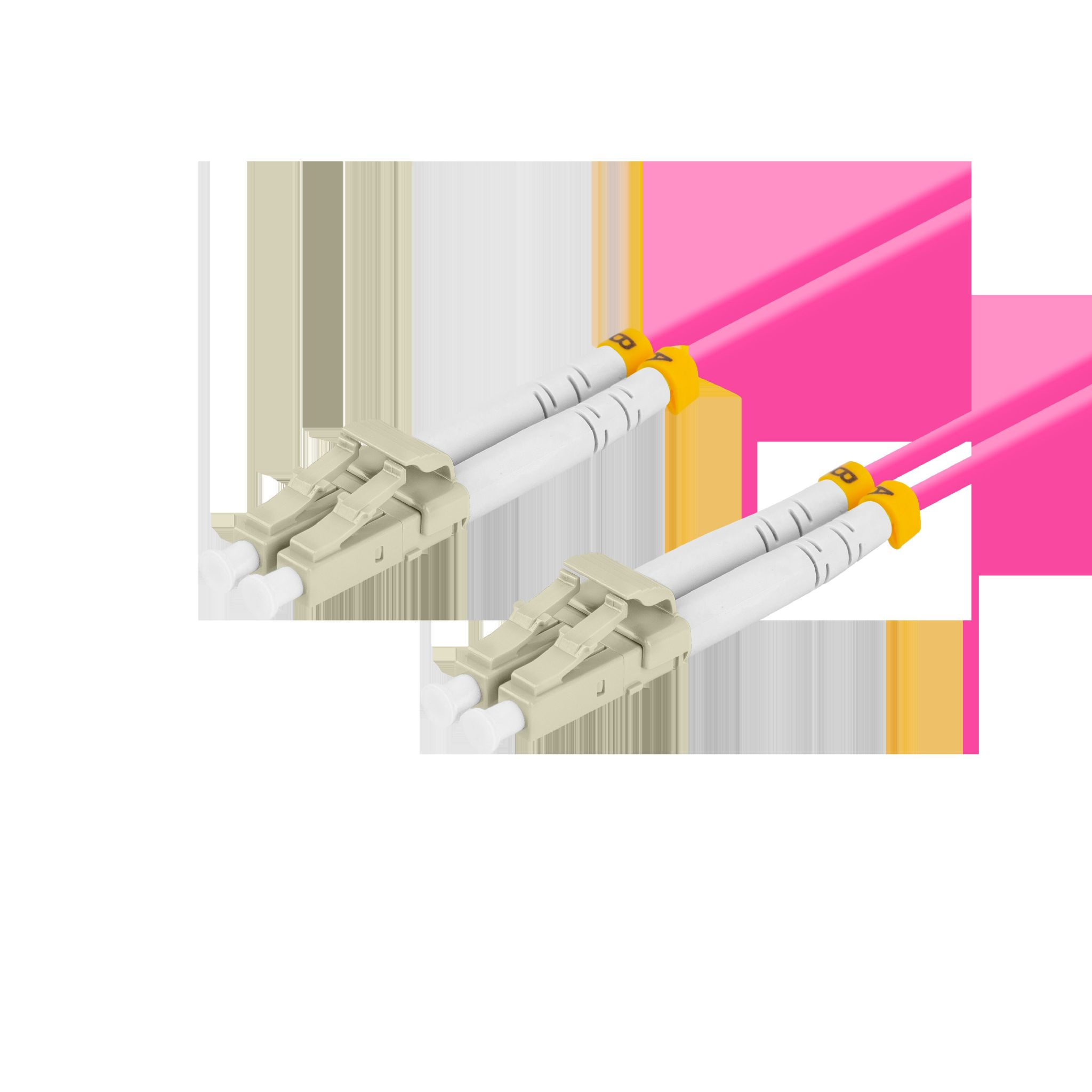 Dwa kable światłowodowe ze złączami. Różowe kable i białe złącza z żółtymi akcentami.