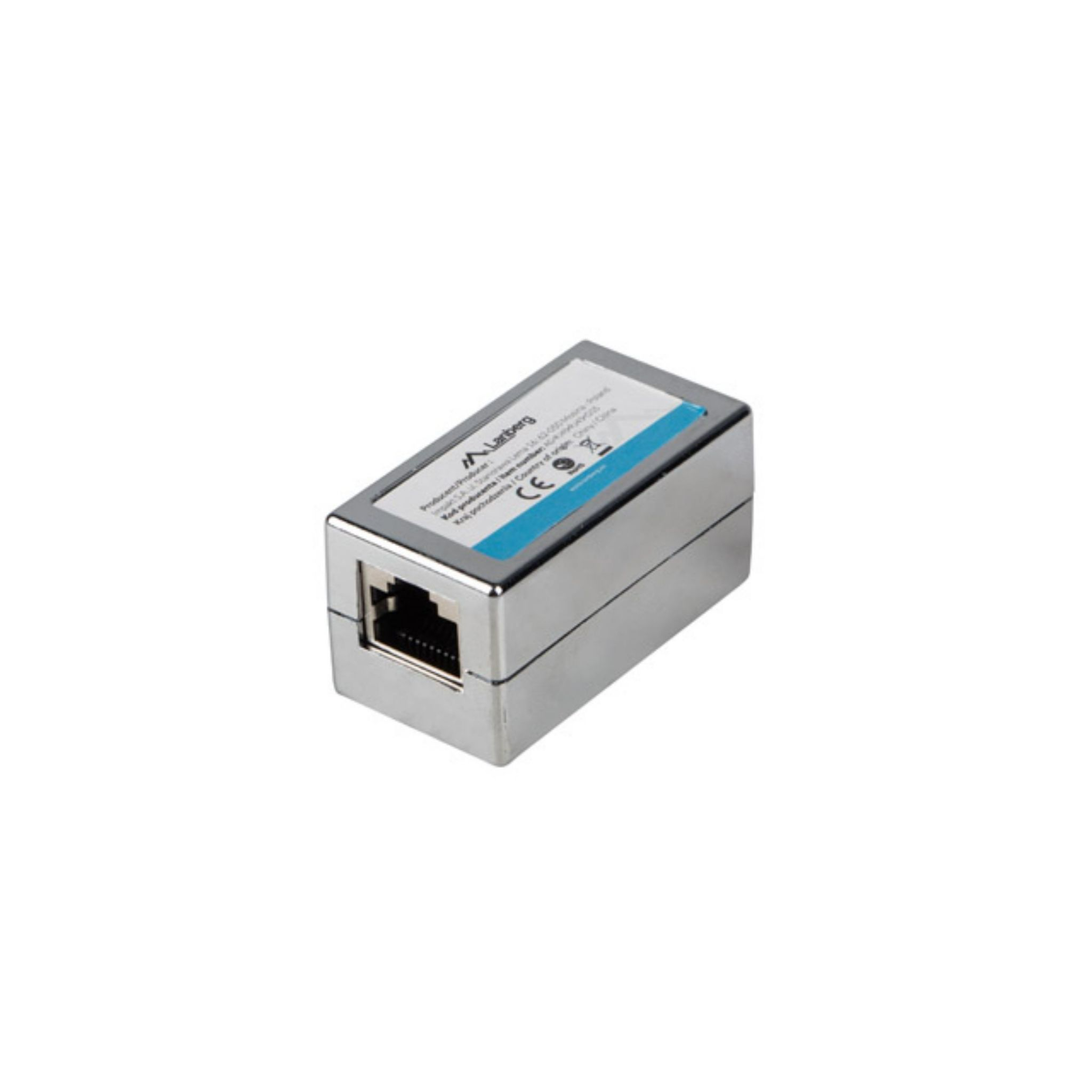 Un adaptador de red rectangular plateado con un puerto Ethernet negro. El adaptador está sobre una superficie blanca.
