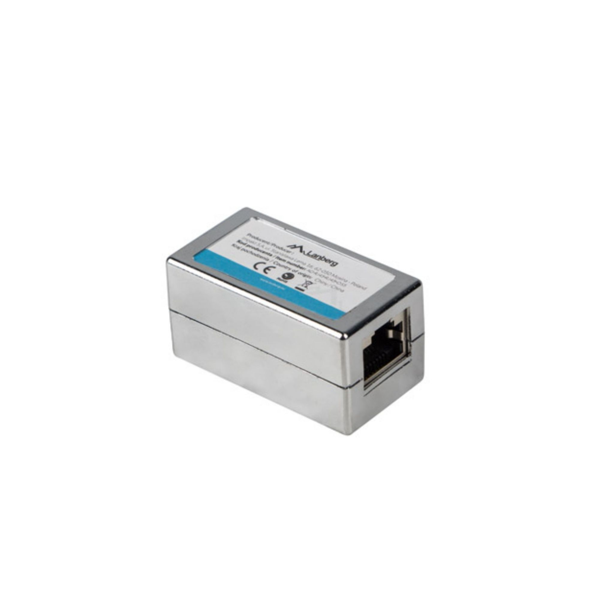 Un conector RJ45 de color plateado. Es rectangular y está marcado con una etiqueta.