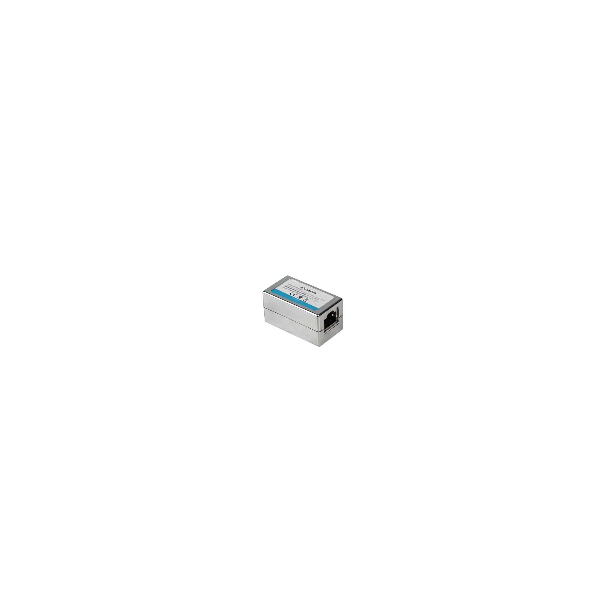 Una pequeña caja rectangular plateada con una etiqueta azul sobre fondo blanco.