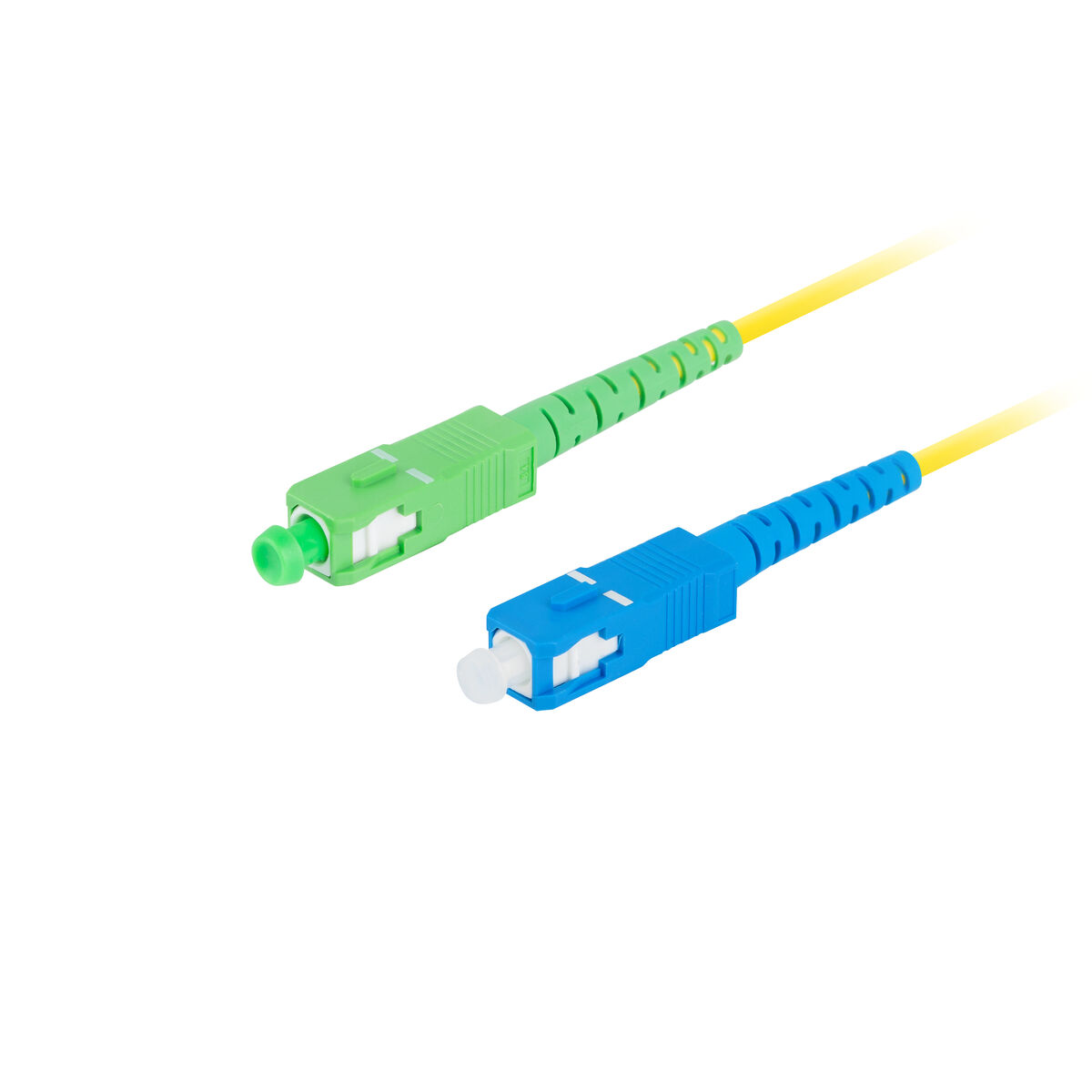 Cavi in fibra ottica con un connettore verde e uno blu. Si estendono cavi gialli e blu.