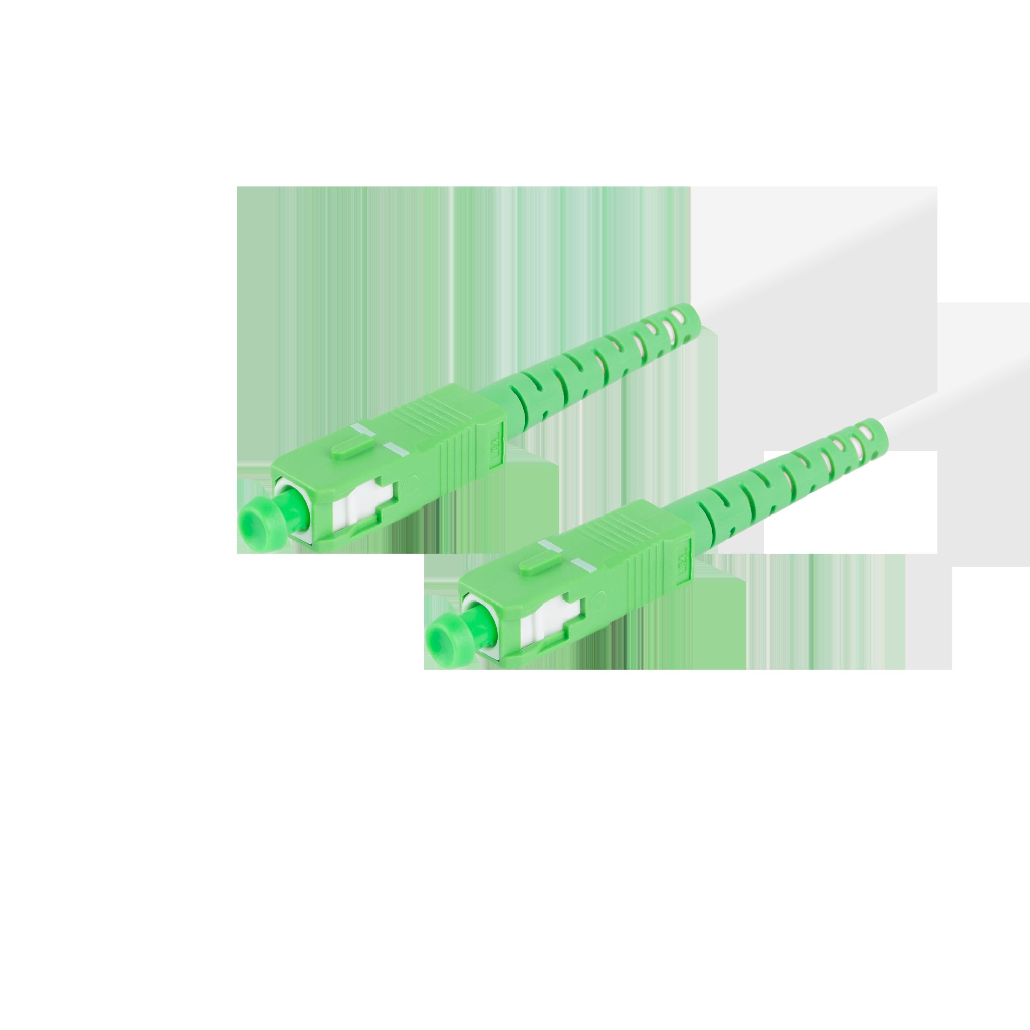 Two green fiber optic connectors, angled slightly, on a white background with green shapes.