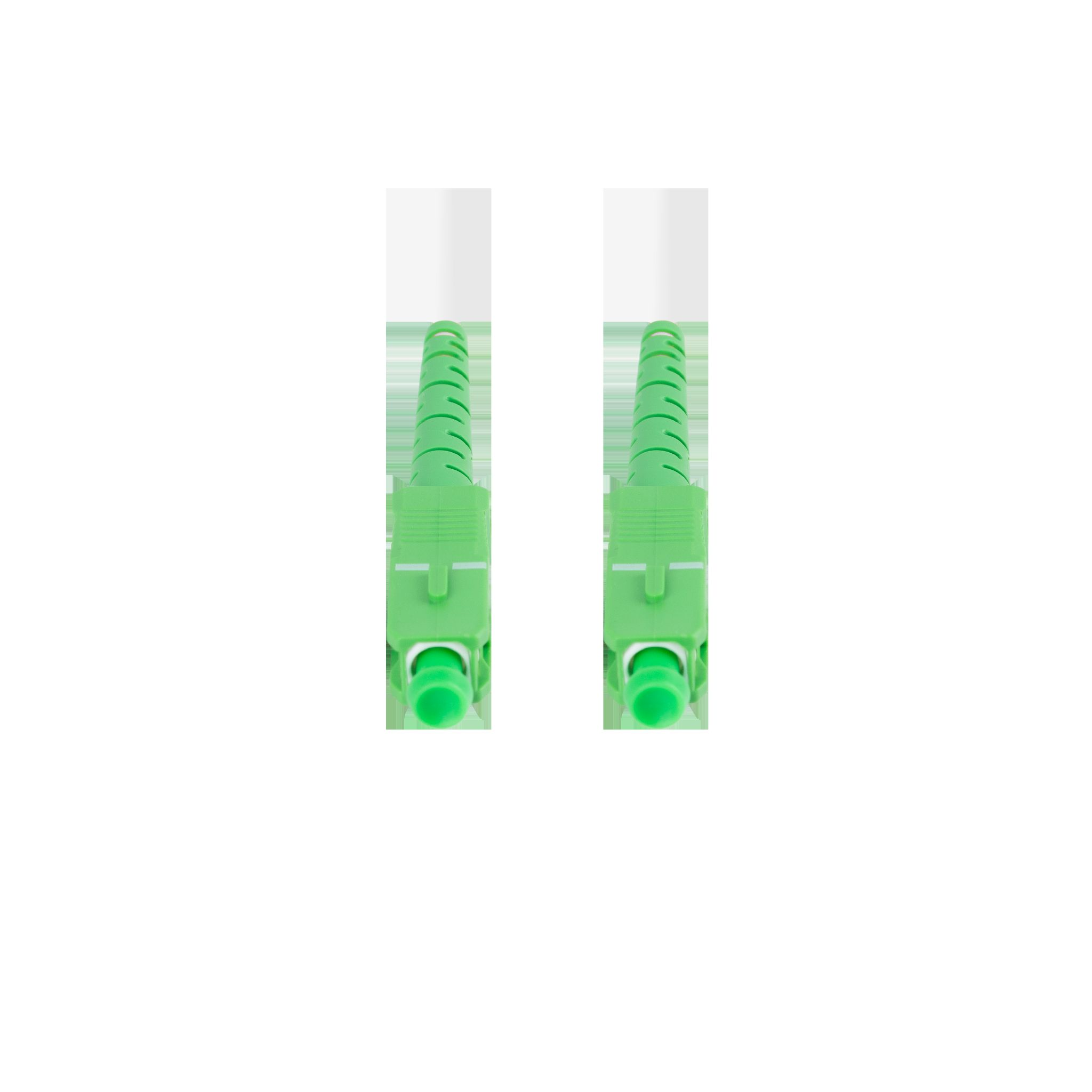 Two green fiber optic connectors. Green connectors with white cables. White background.
