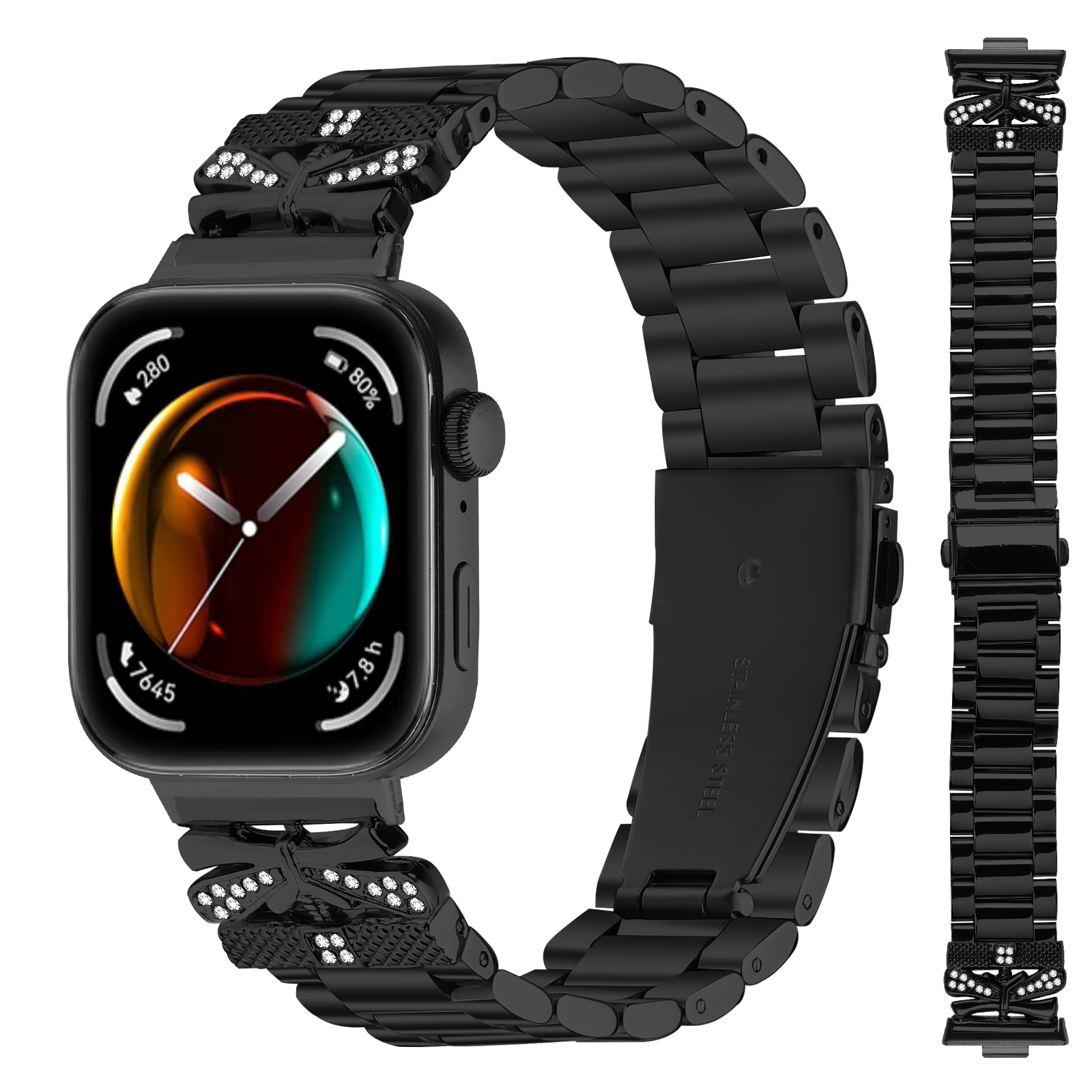 Smartwatch nero con cinturino in metallo nero. Cinturino staccato a destra. Il quadrante mostra l'ora e la batteria.