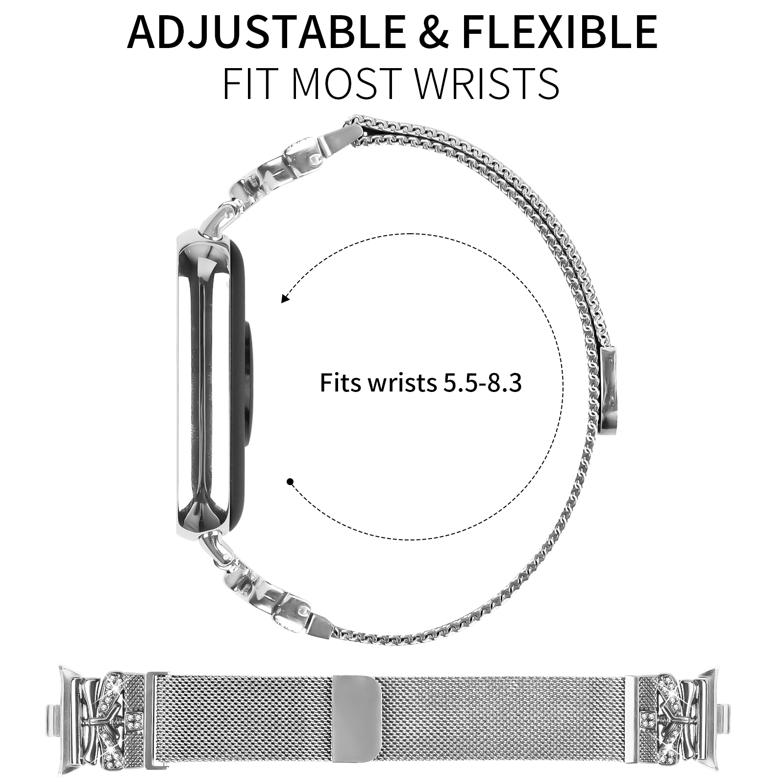 Cinturino per orologio argentato con design a rete. I testi dicono regolabile e flessibile.