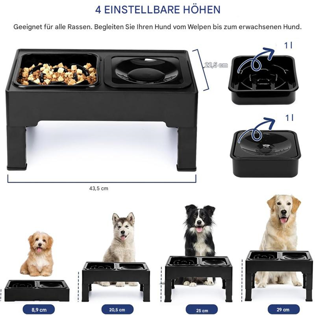 Schwarzer Hundenapf mit zwei Fächern. Bilder zeigen Hunde verschiedener Größen bei der Benutzung.