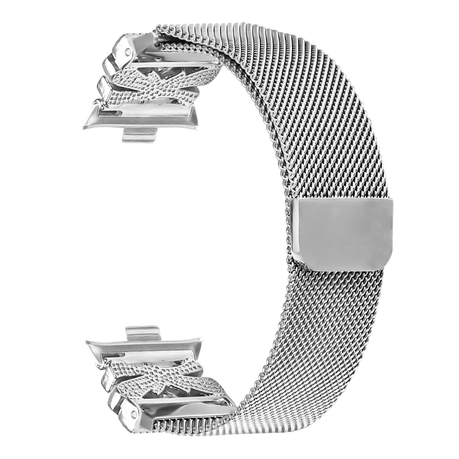 Cinturino per orologio argento, progettato come una maglia, con una chiusura. Viene mostrato su uno sfondo bianco.