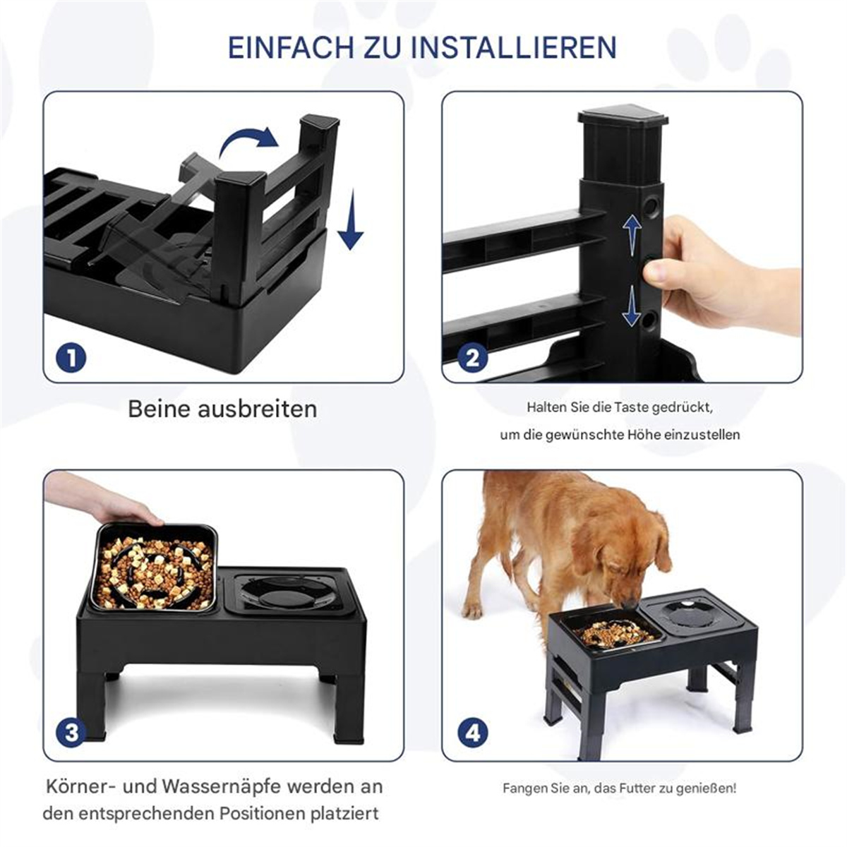 Vier Bilder, die die Montage eines schwarzen Hundefutter-Napfständers detailliert darstellen.