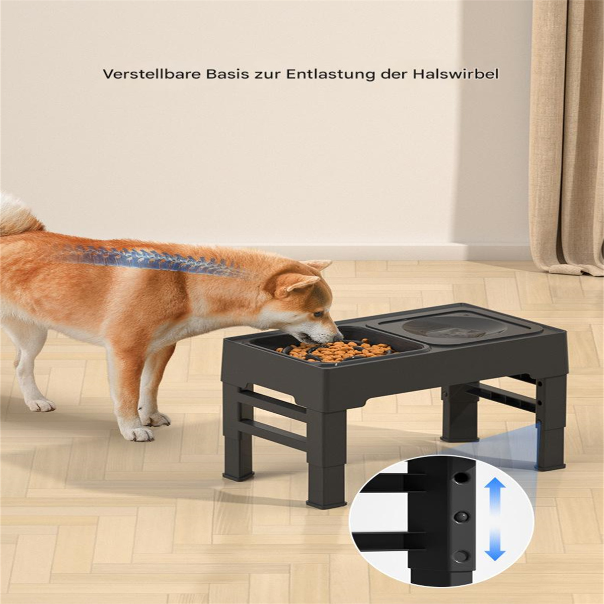 Ein Hund frisst aus einer schwarzen, erhöhten Hundenapf. Text: Verstellbare Basis zur Entlastung der Halswirbelsäule.