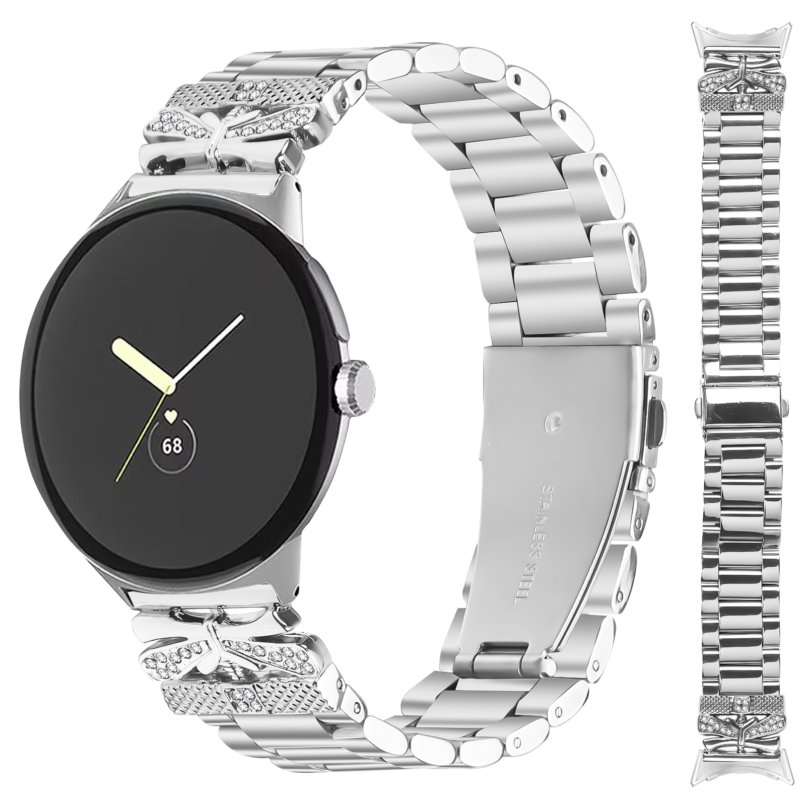 Silberne Smartwatch mit silbernem Armband mit Kristallen, schwarzer Bildschirm.