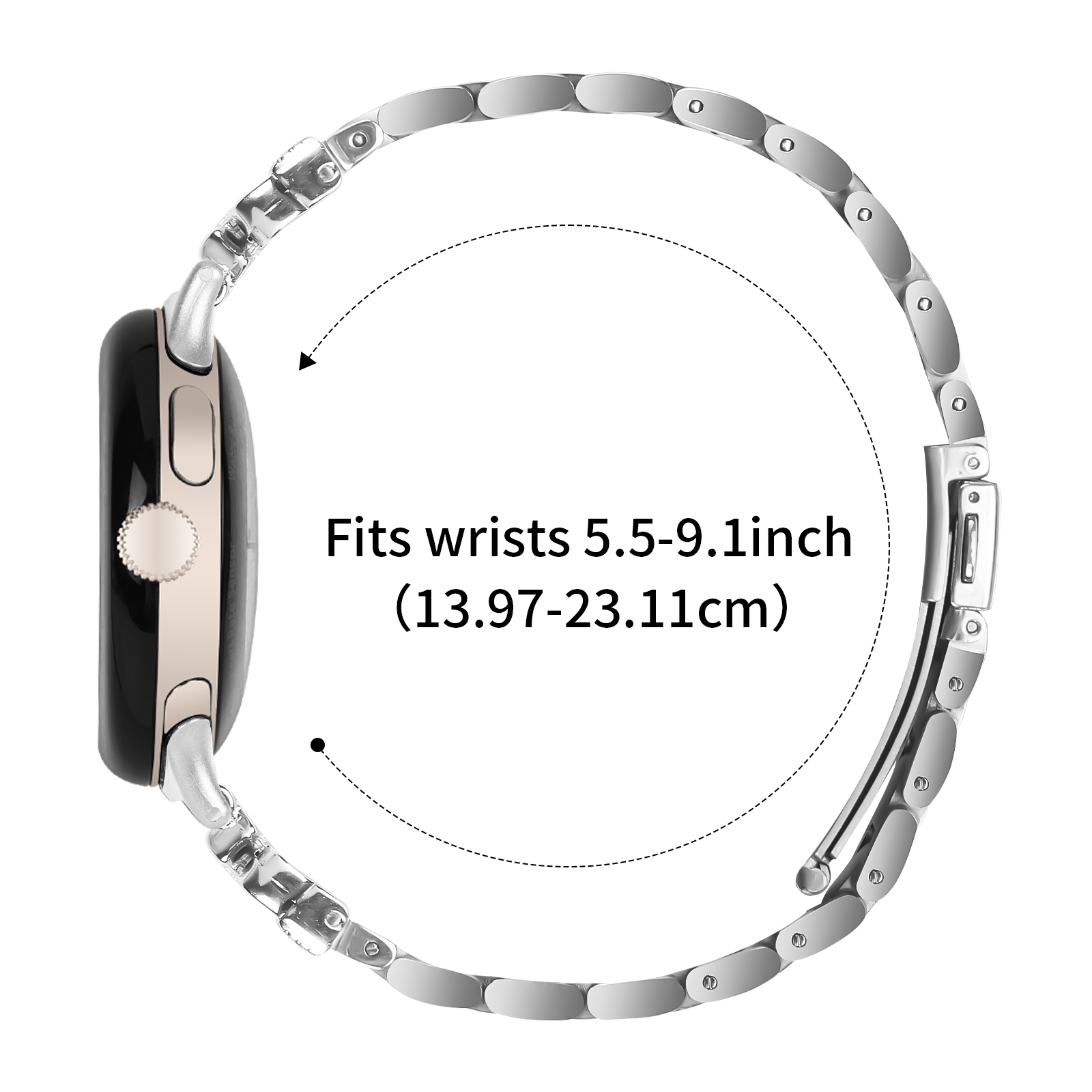 Silbernes Uhrenarmband mit Metallgliederdesign. Die Uhr ist schwarz und silber.