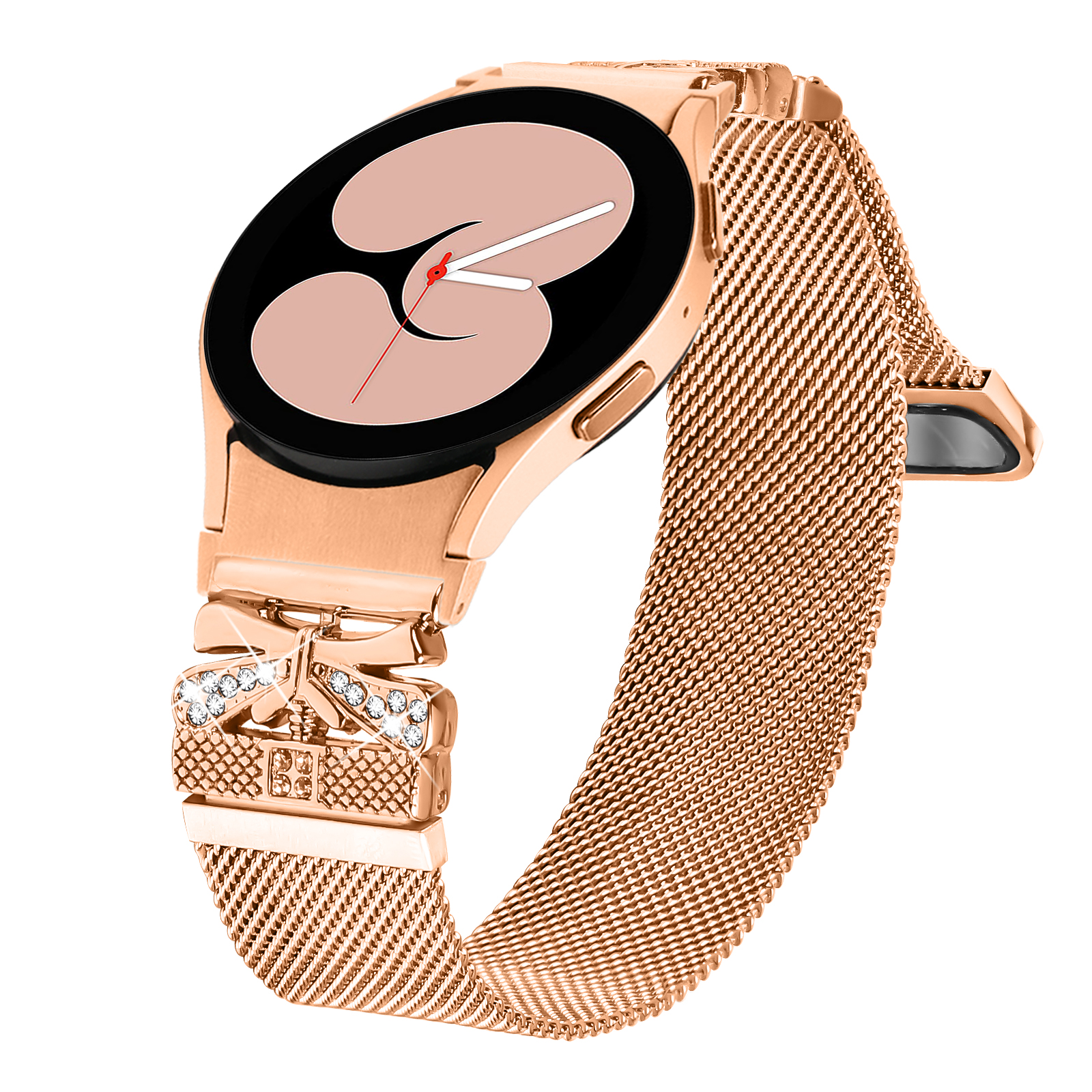 Roségoldene Uhr mit roségoldenem Armband mit Juwelen, auf weißem Hintergrund.