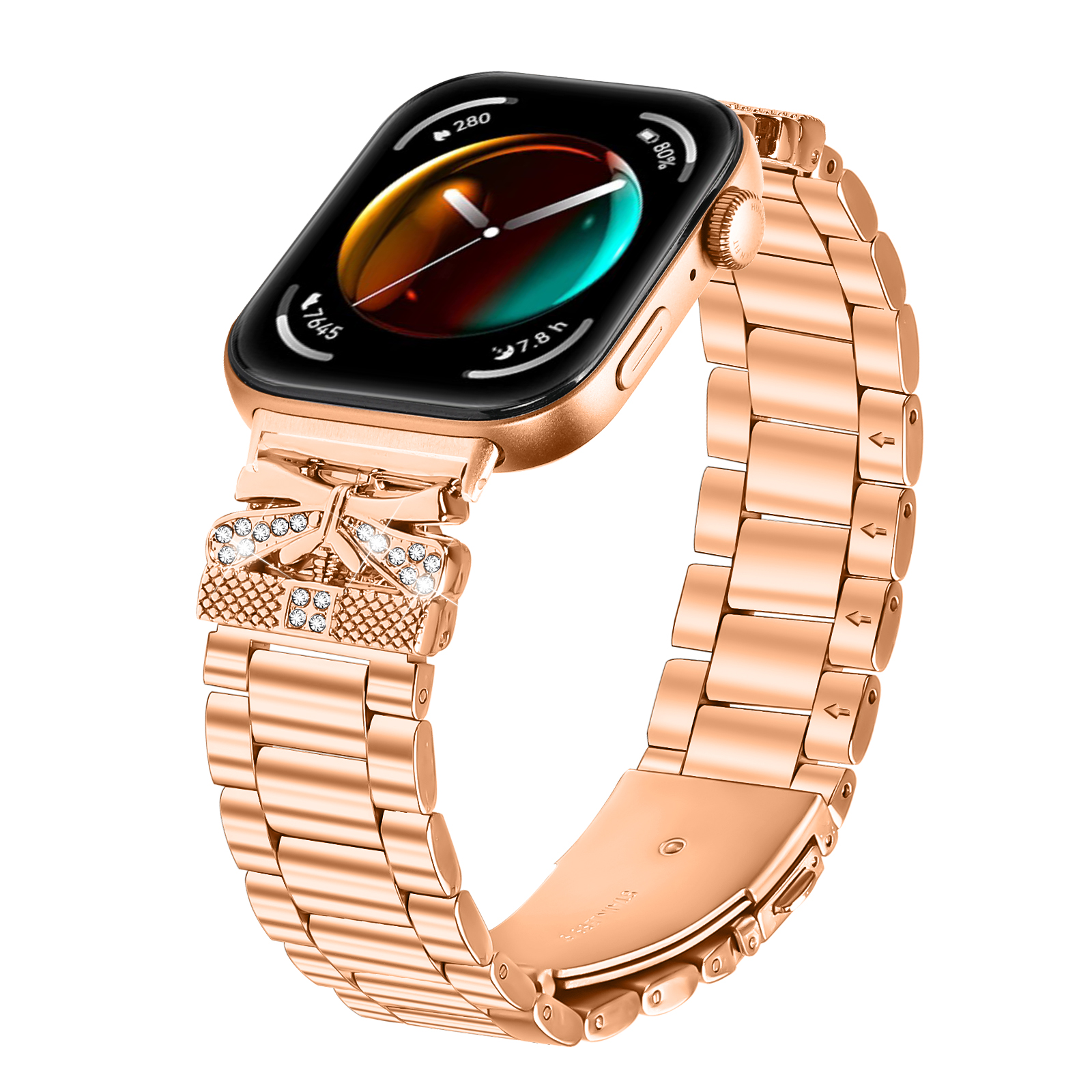Uno smartwatch oro rosa con un cinturino oro rosa. Il quadrante mostra l'ora, la batteria e una barra colorata.