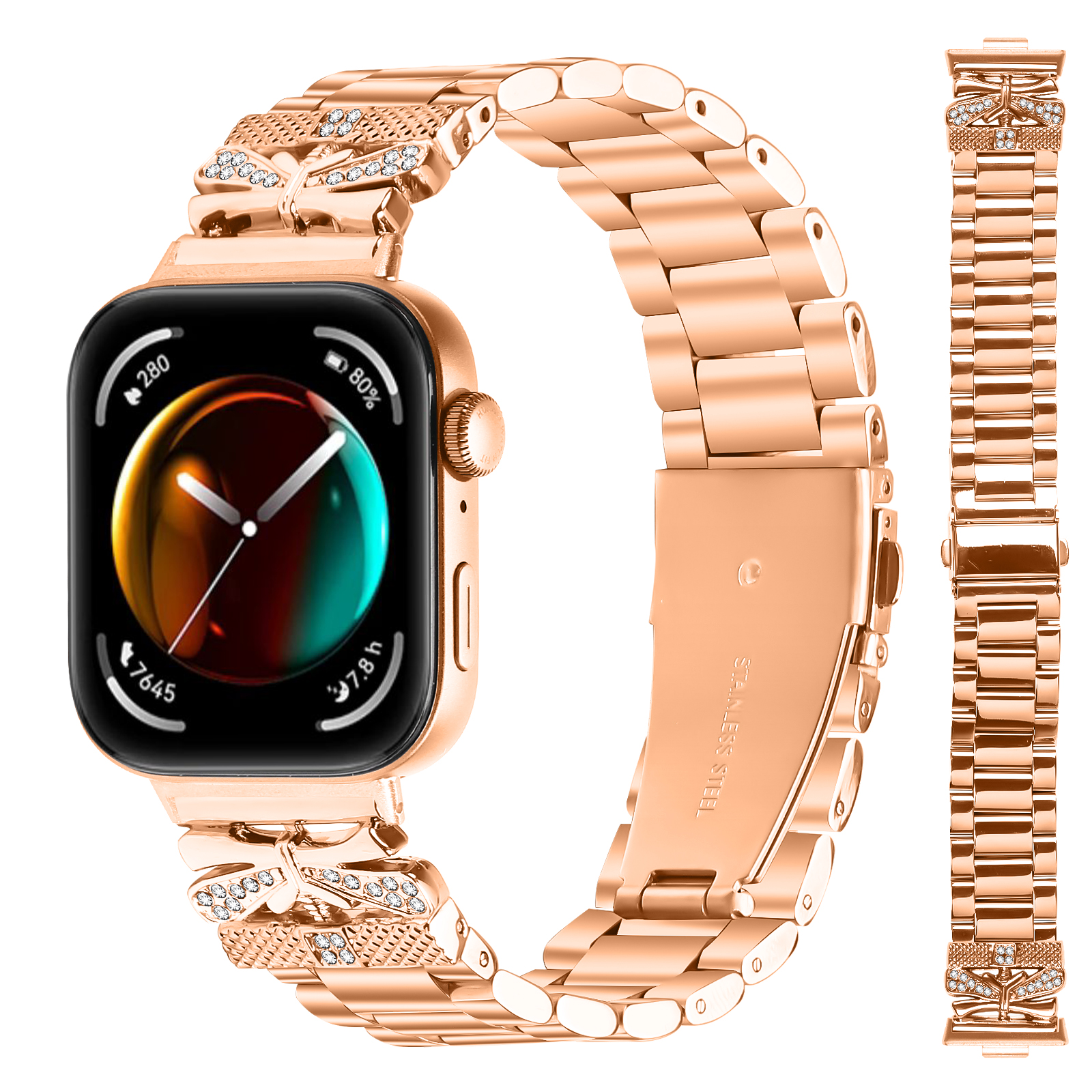 Smartwatch oro rosa con cinturino abbinato e pezzo di cinturino aggiuntivo.