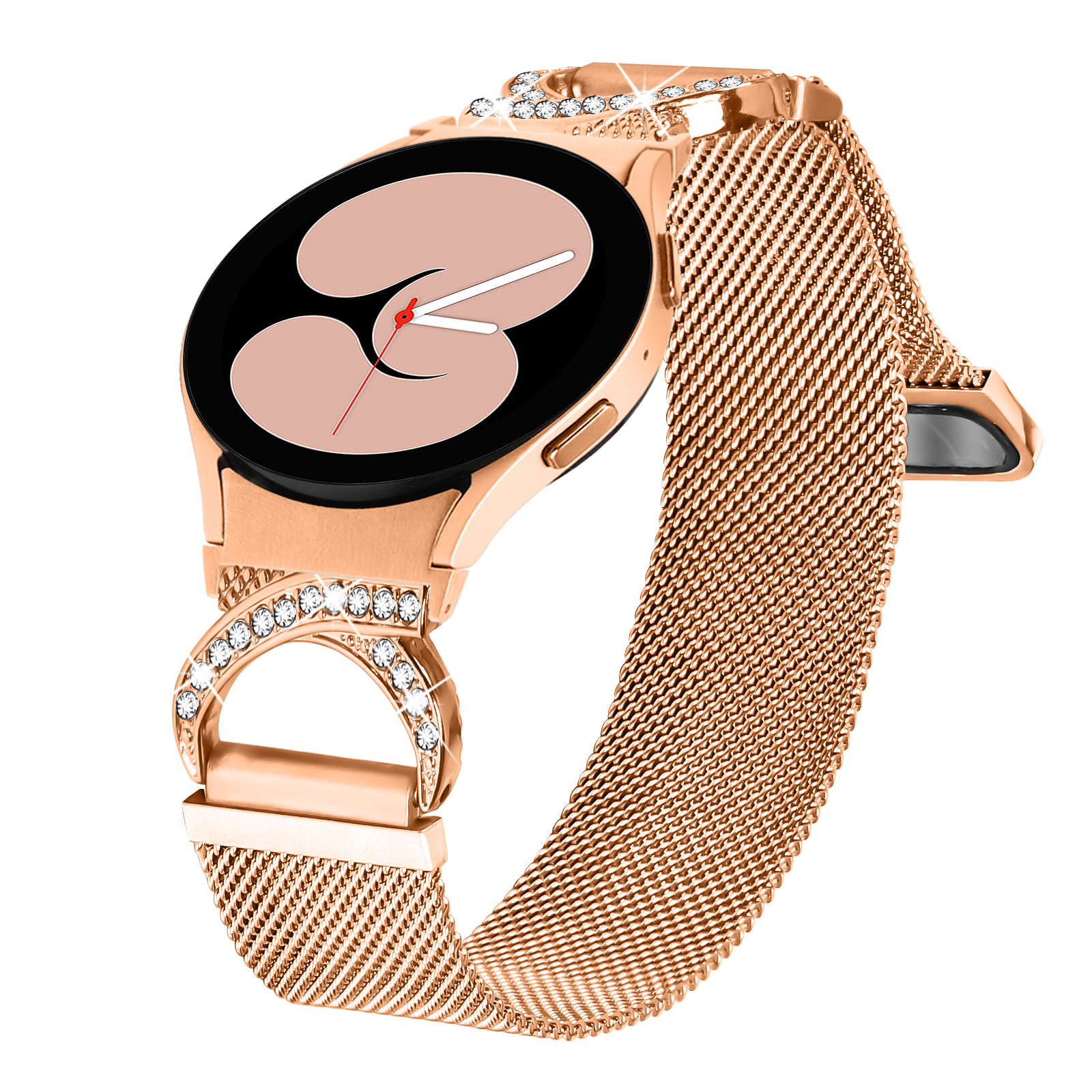 Eine roségoldene Uhr mit einem Mesh-Armband. Die Uhr hat einen Touchscreen und ist mit Kristallen verziert.
