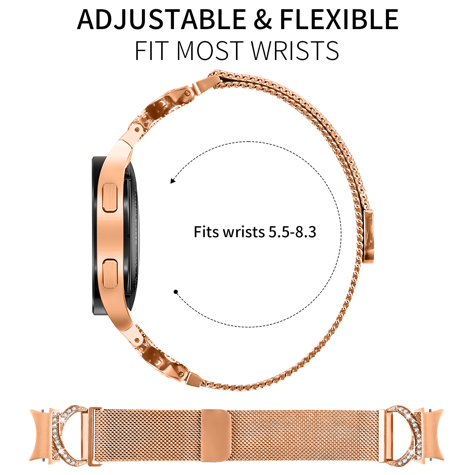 Ein roségoldenes Smartwatch-Armband mit Mesh-Design und Zifferblatt.