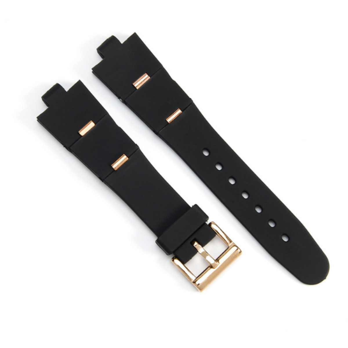 Cinturini neri per orologi con dettagli dorati e fibbia su fondo bianco.