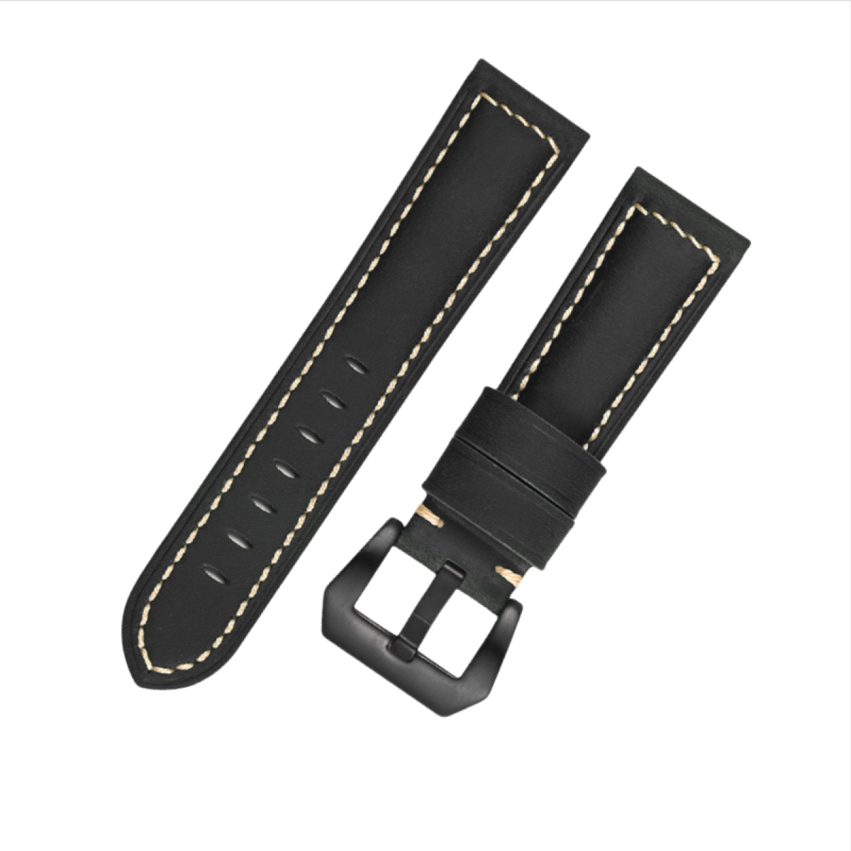 Schwarzes Leder-Uhrenarmband. Weiße Nähte, schwarze Schnalle.