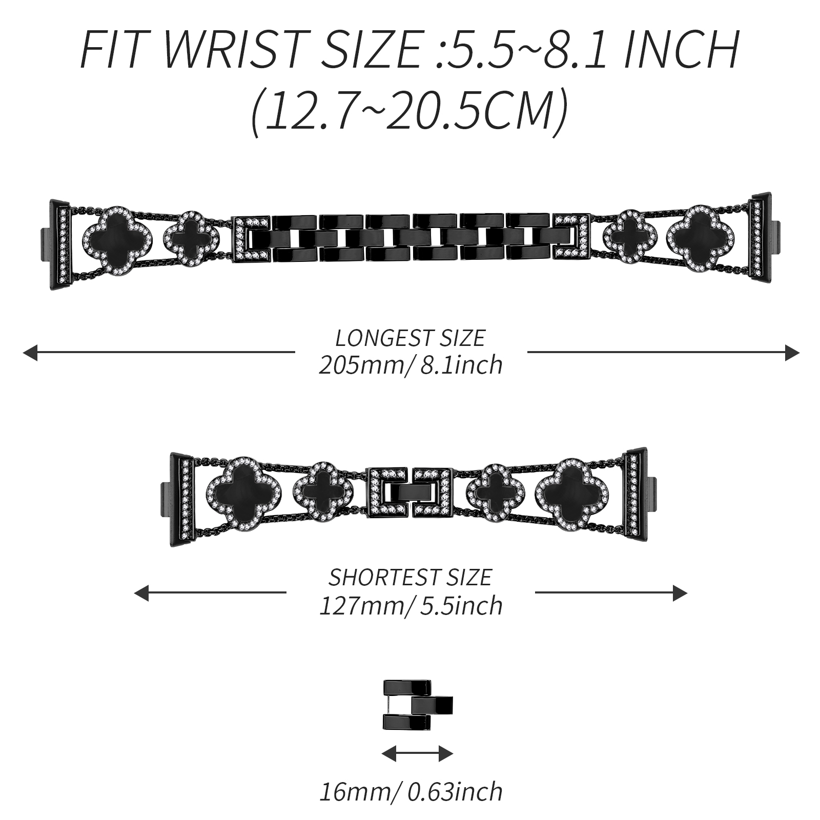 Schwarzes Armband mit Kleeblatt und Diamanten, mit Größenangabe. Weißer Hintergrund.