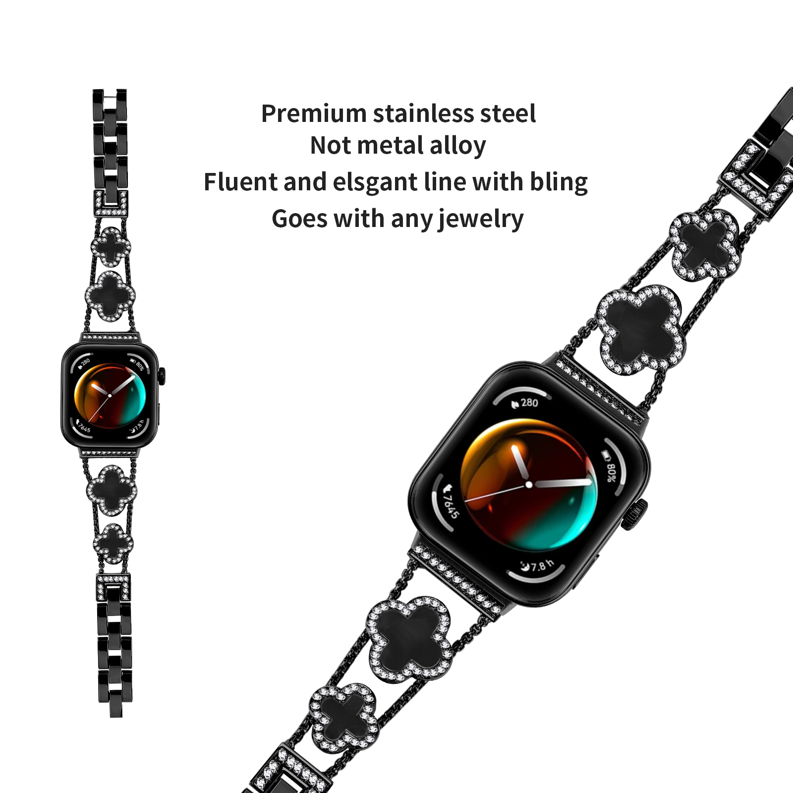 Schwarze Smartwatch mit schwarzem Armband. Das Armband hat ein Kleeblatt-Design mit Strasssteinen.