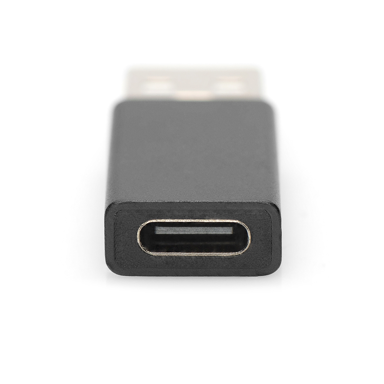 Un adattatore USB-C nero con un connettore argentato, visto frontalmente.