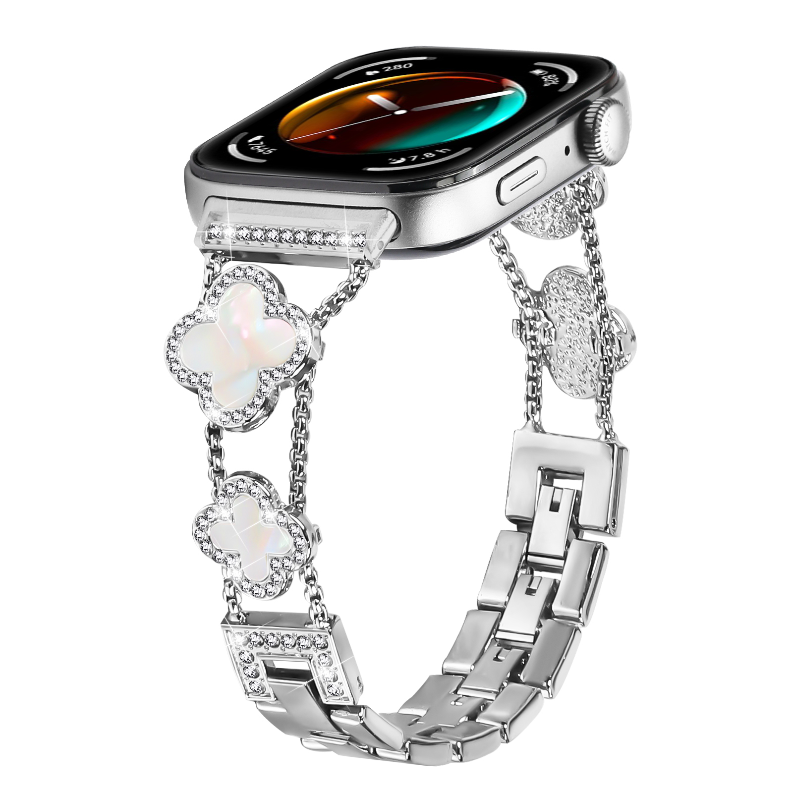 Eine silberne Smartwatch mit diamantbesetztem Band und vierblättrigen Kleeblatt-Akzenten.
