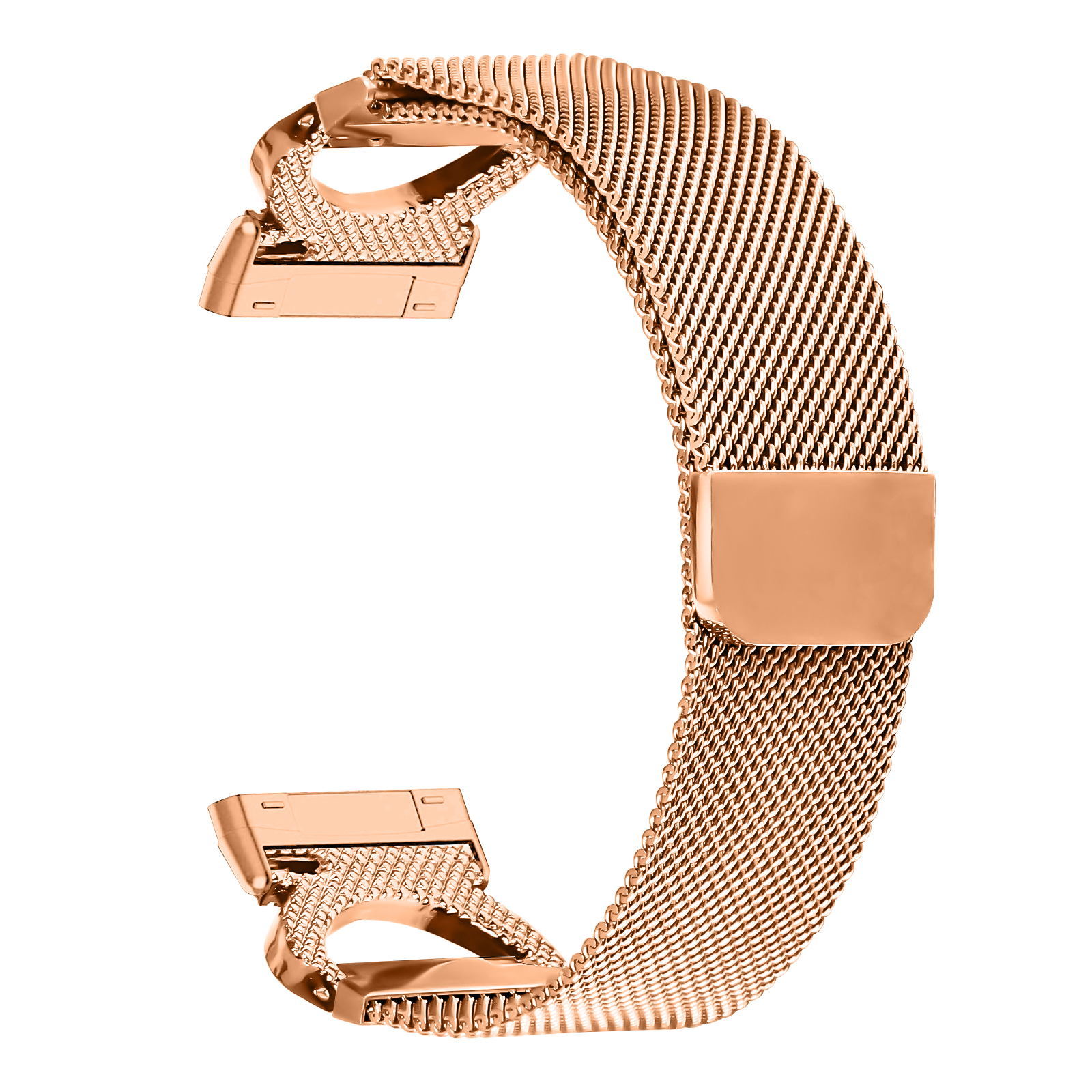 Roségoldfarbenes Uhrenarmband mit Mesh-Design, an beiden Enden offen. Es hat einen Verschlussmechanismus.