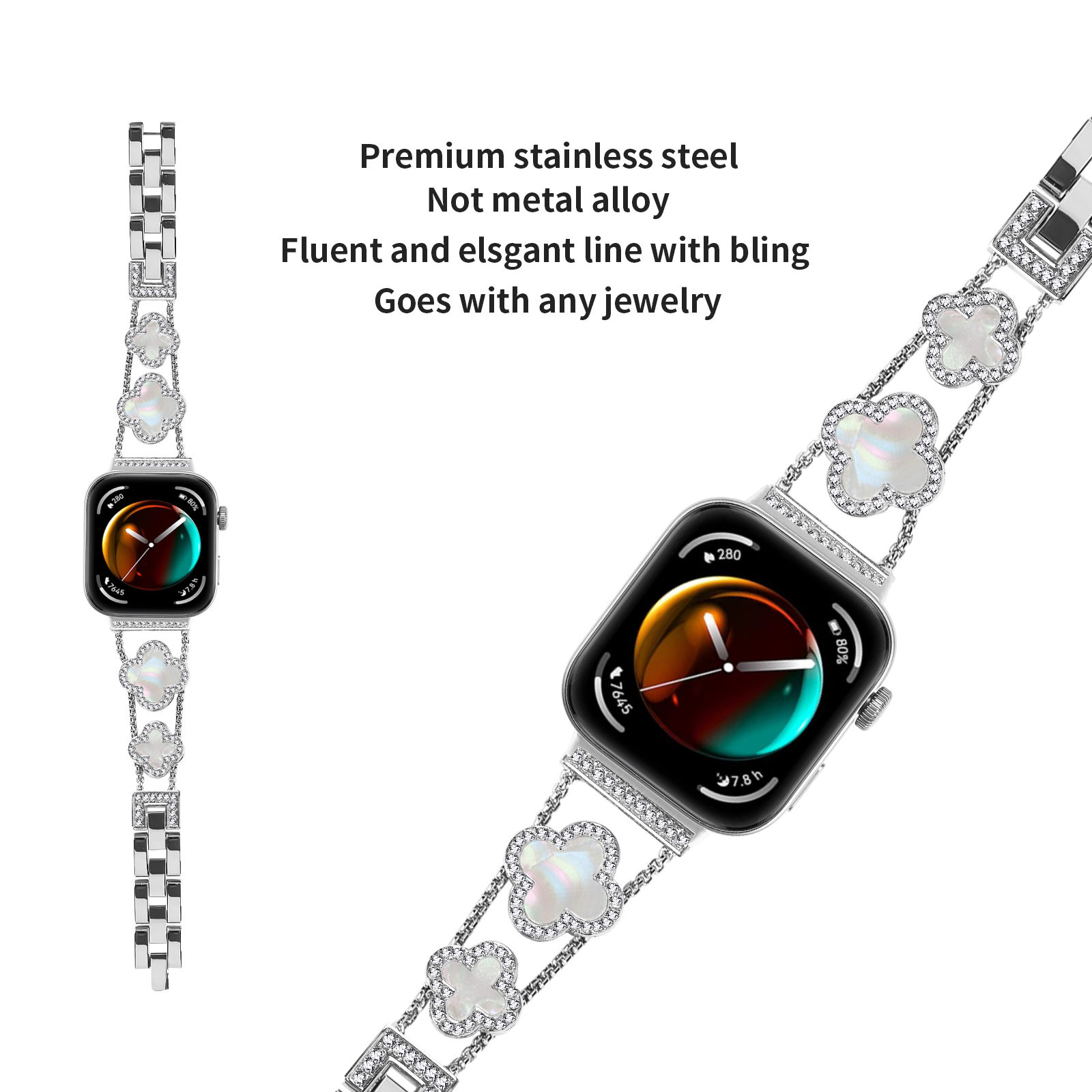 Zwei Smartwatches mit silbernen Bändern, eine zeigt einen grünen Bildschirm, mit Blumendetails.