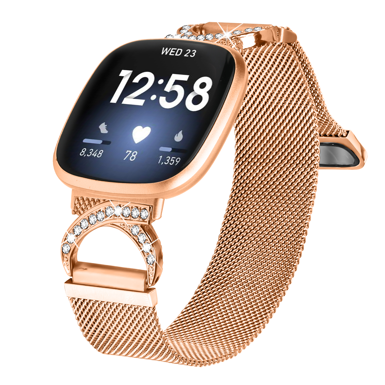 Eine roségoldene Smartwatch mit roségoldenem Armband und Diamantakzenten. Der Bildschirm zeigt Daten.