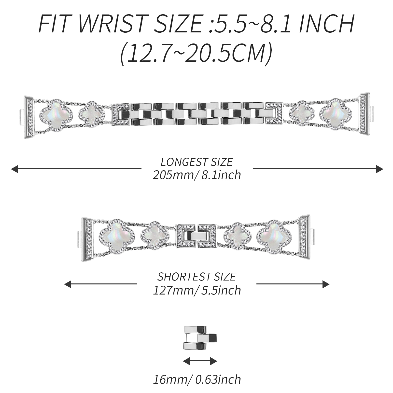 Ein Uhrenarmband vor weißem Hintergrund. Das Band ist silberfarben mit einem rautenartigen Muster und ist größenverstellbar.