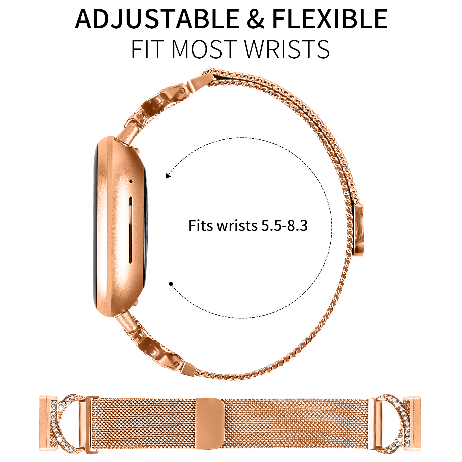 Roségoldene Uhr mit passendem Armband. Text erwähnt verstellbare und flexible Passform für Handgelenke 5.5-8.3.