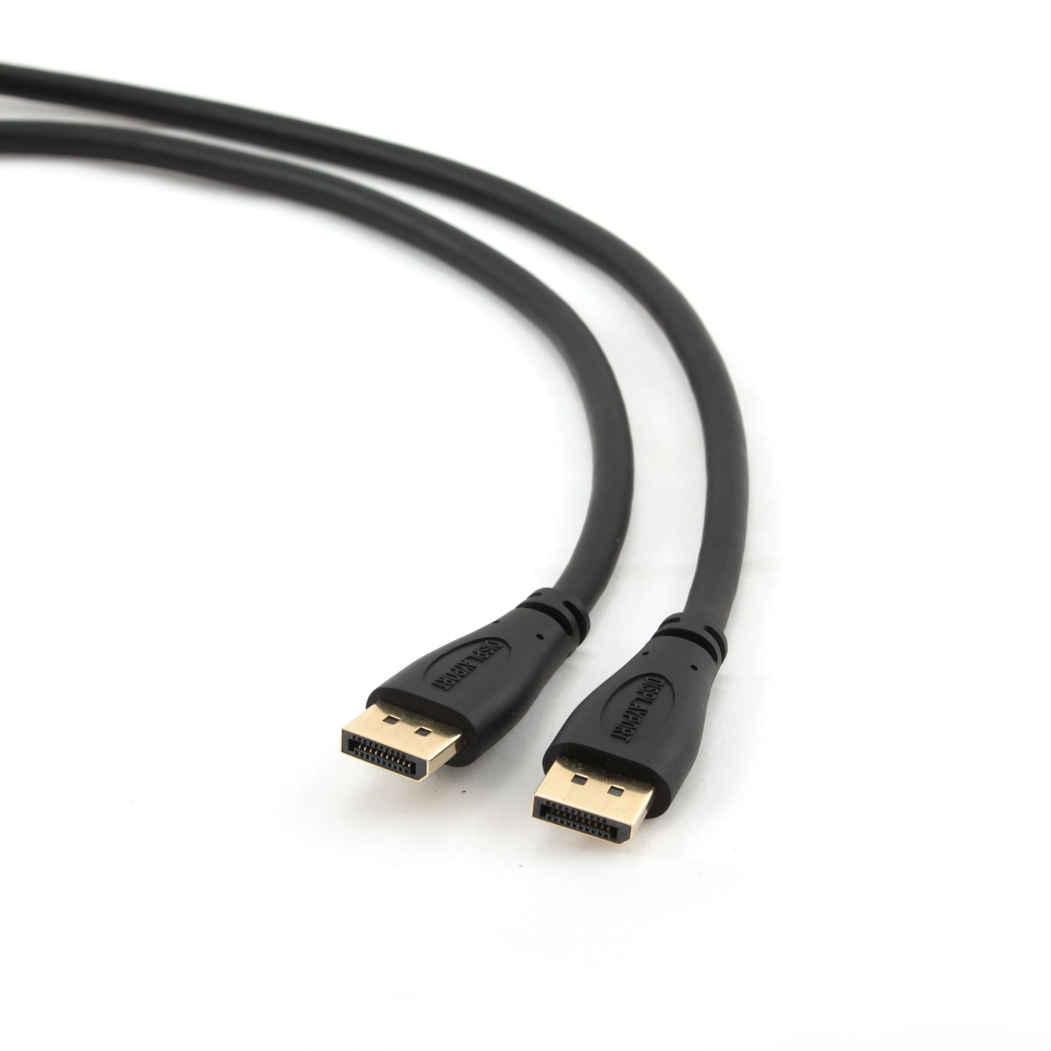 Dwa czarne kable DisplayPort na białym tle. Oba mają złote konektory.