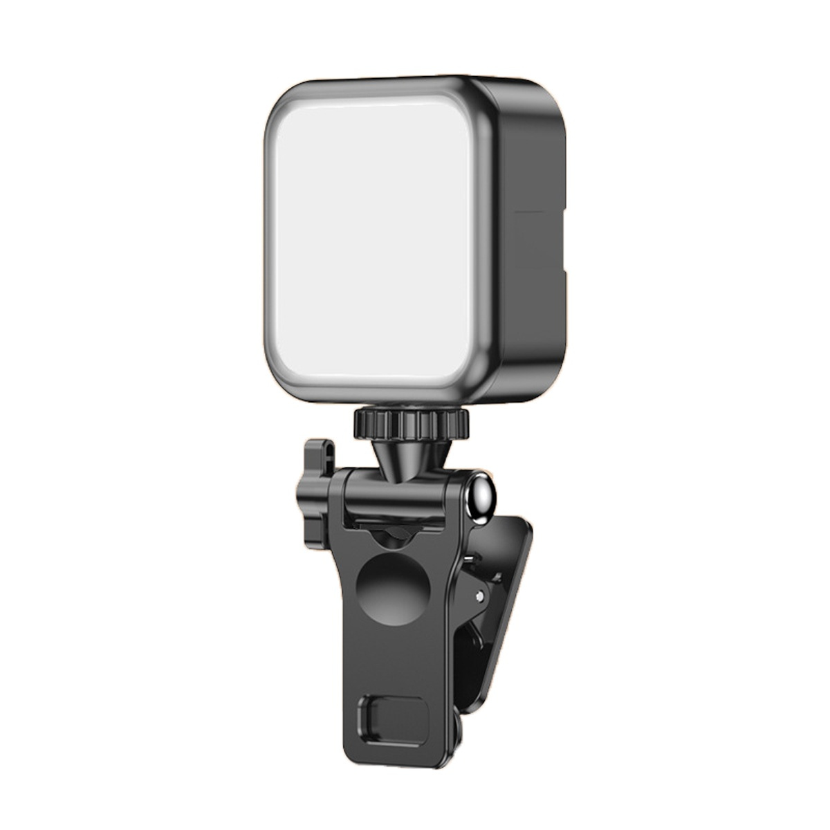 Ein schwarzes LED-Clip-On-Licht. Es hat ein quadratisches Licht und einen schwarzen Clip.