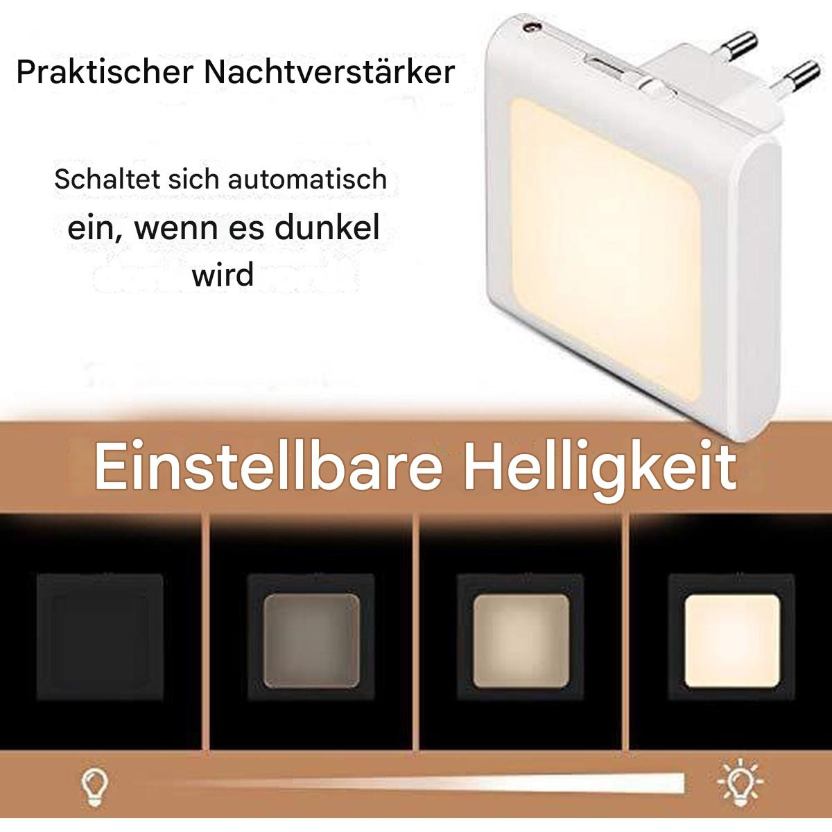 Ein Nachtlicht mit einstellbarer Helligkeit. Text: Praktischer Nachtverstärker, schaltet sich automatisch ein.