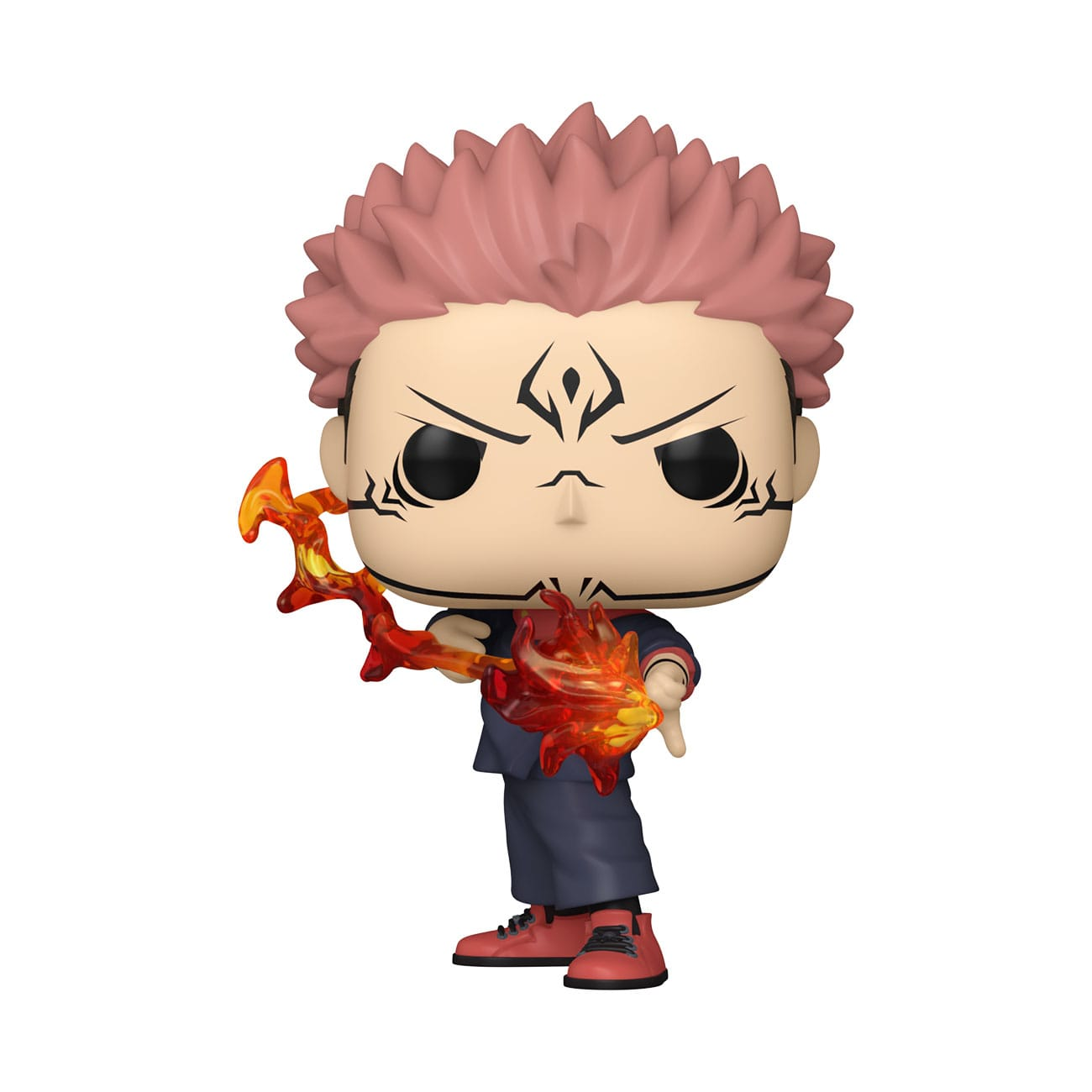 Figura Funko Pop de un personaje con pelo rosa y llamas. Tiene tatuajes y está en una pose dinámica.