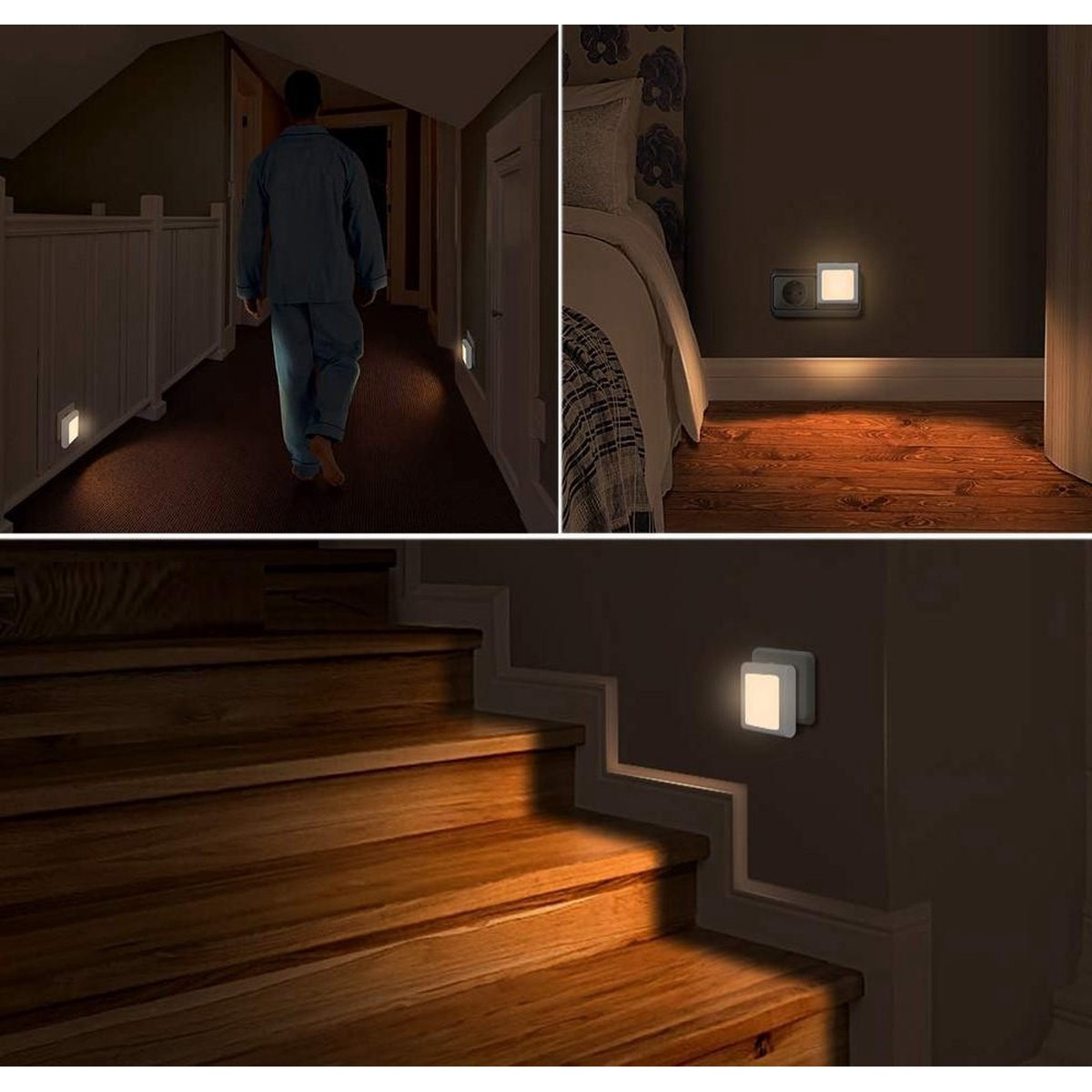 Nachtlichter in einem Haus installiert. Eine Person geht im Flur, Treppenhaus, Schlafzimmer.