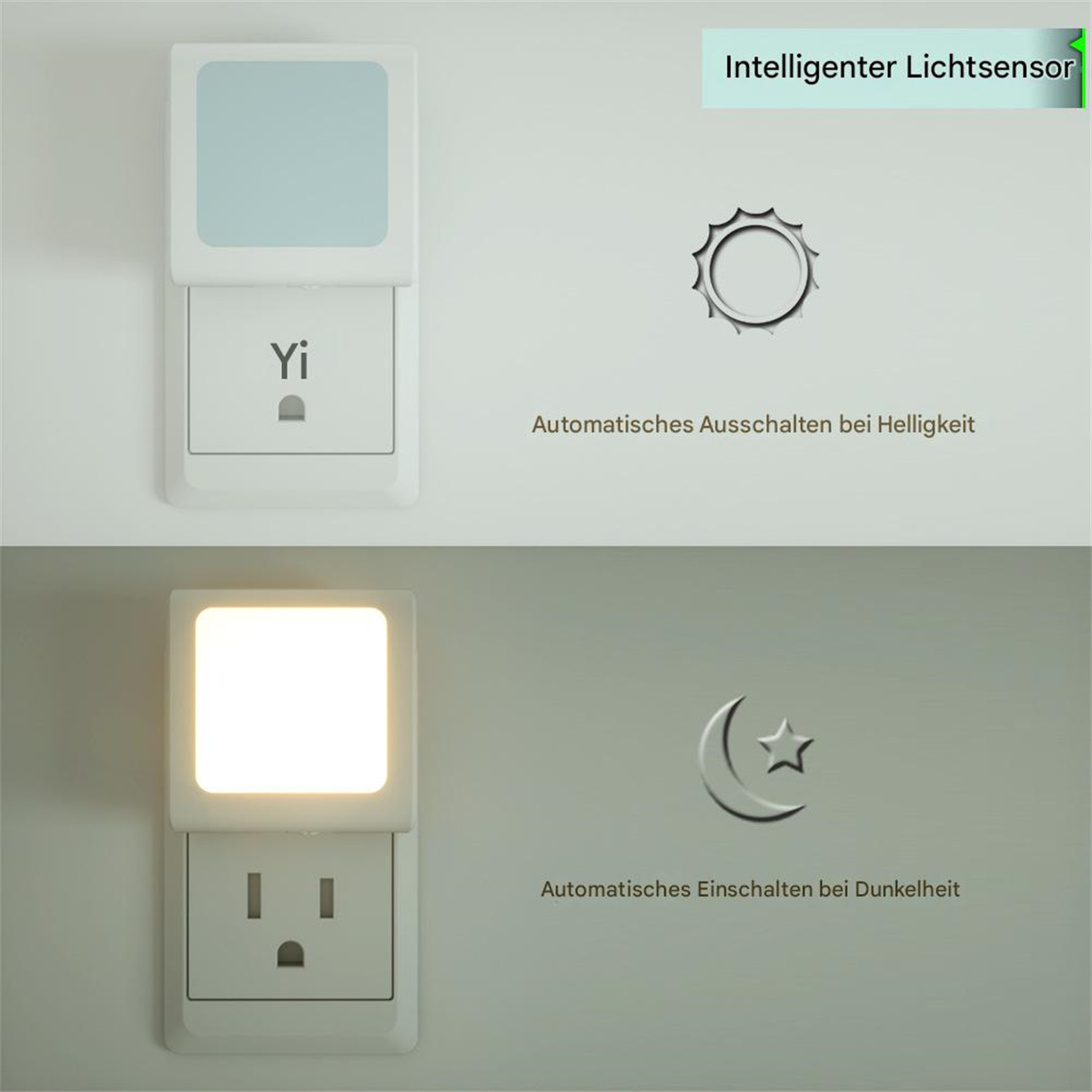 Zwei Wandstecker, einer mit Licht an, der andere aus. Mit deutschem Text.